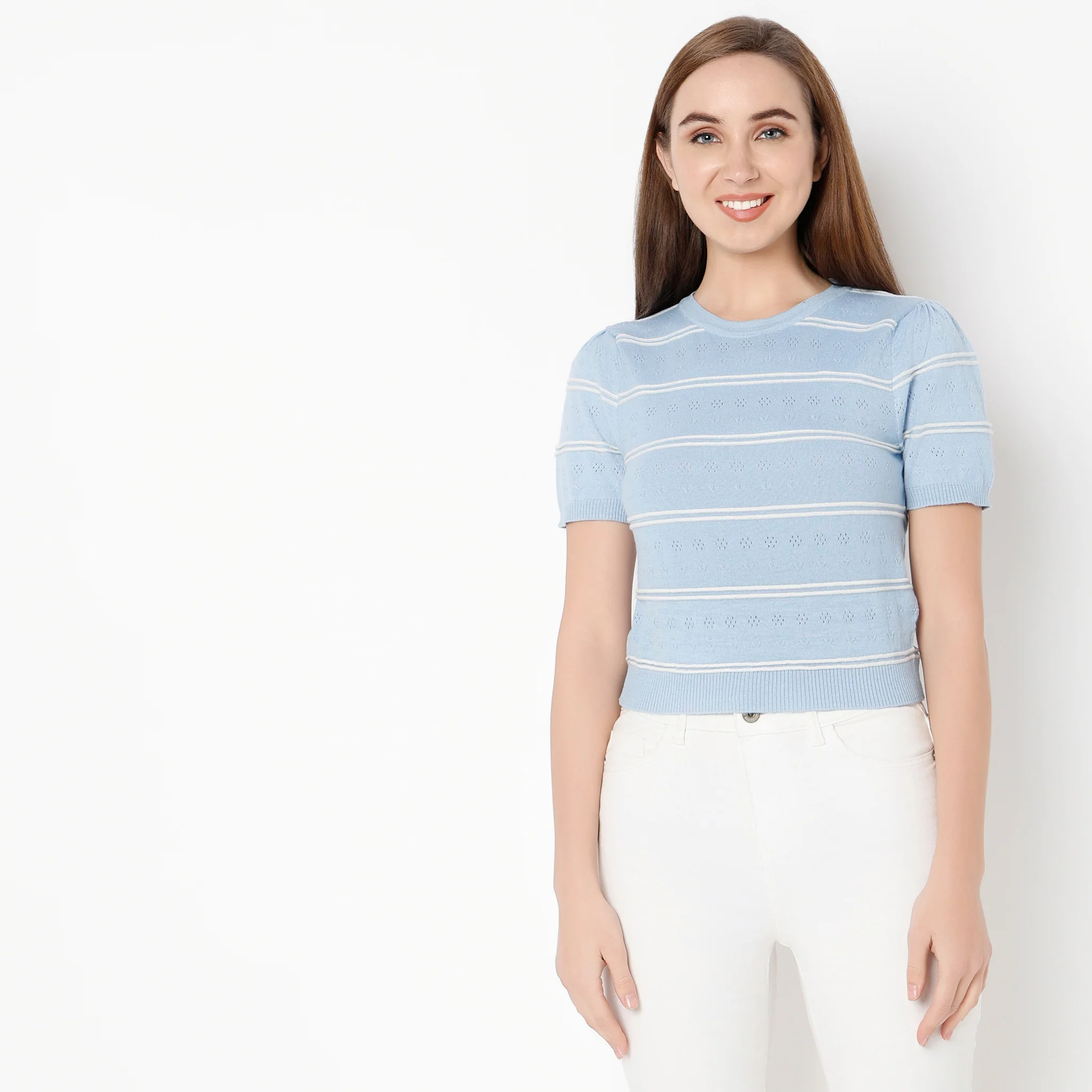 Round Neck Flared Sleeve Striped Betty Crop Top - Image 2