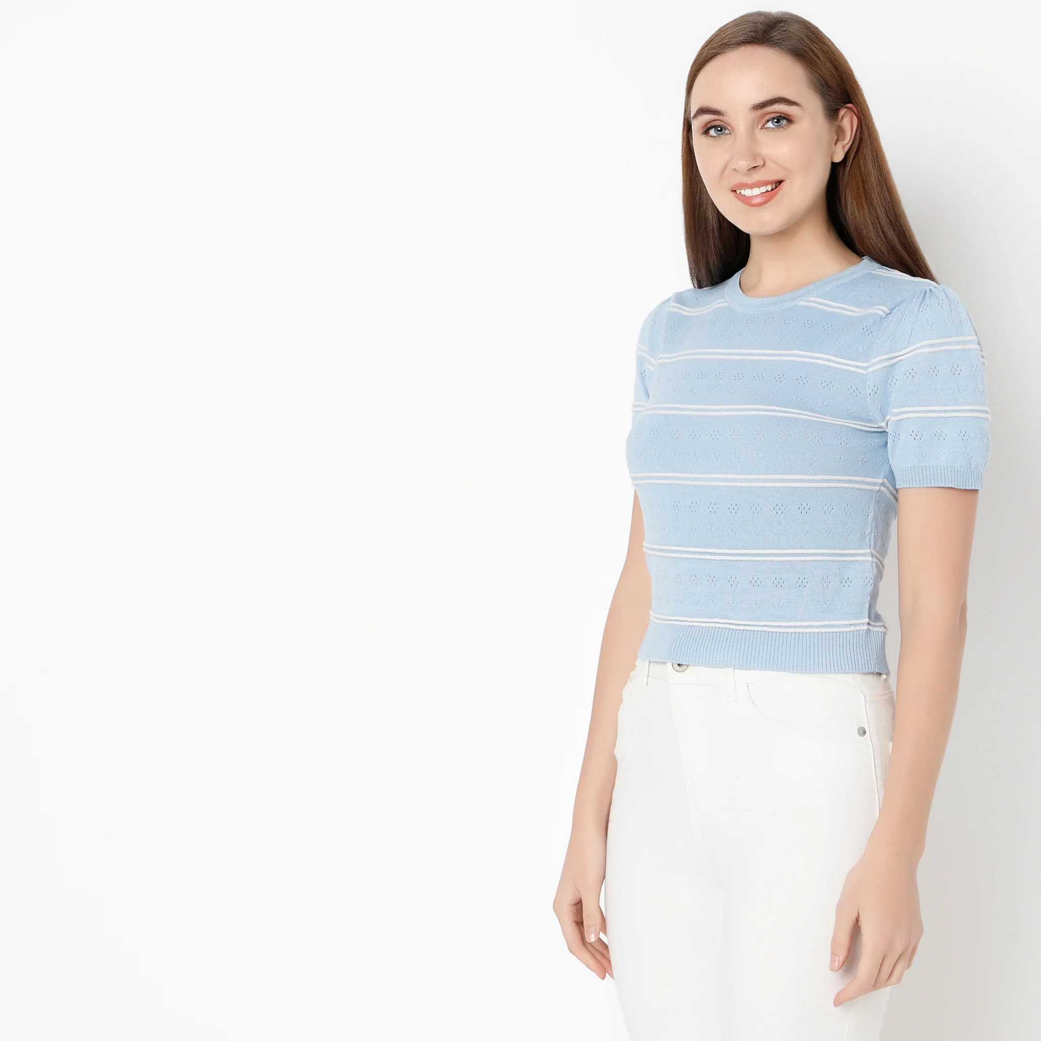 Round Neck Flared Sleeve Striped Betty Crop Top - Image 5