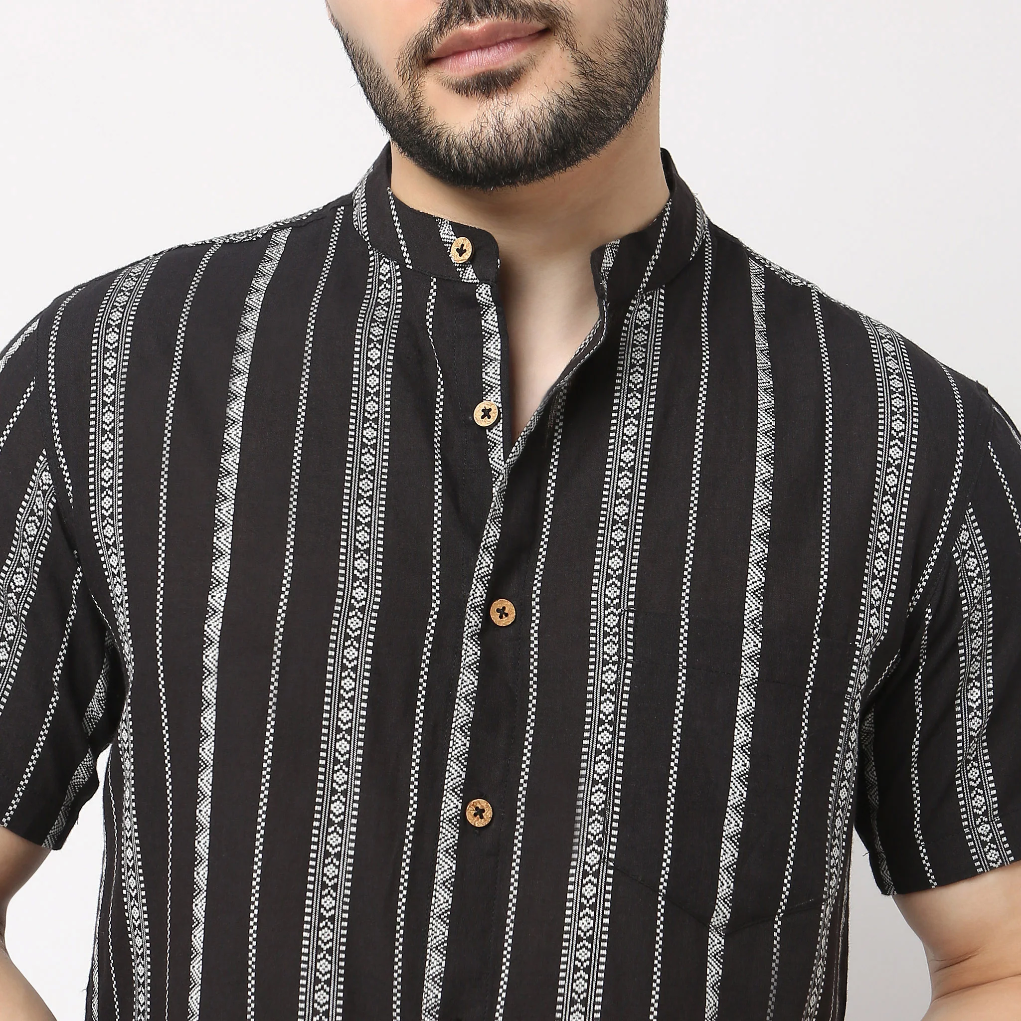 Artistry™ - Modern Ethnic Cotton Yarn Dyed Motif Stripes Band Collar Shirt - Regular Fit - Image 4