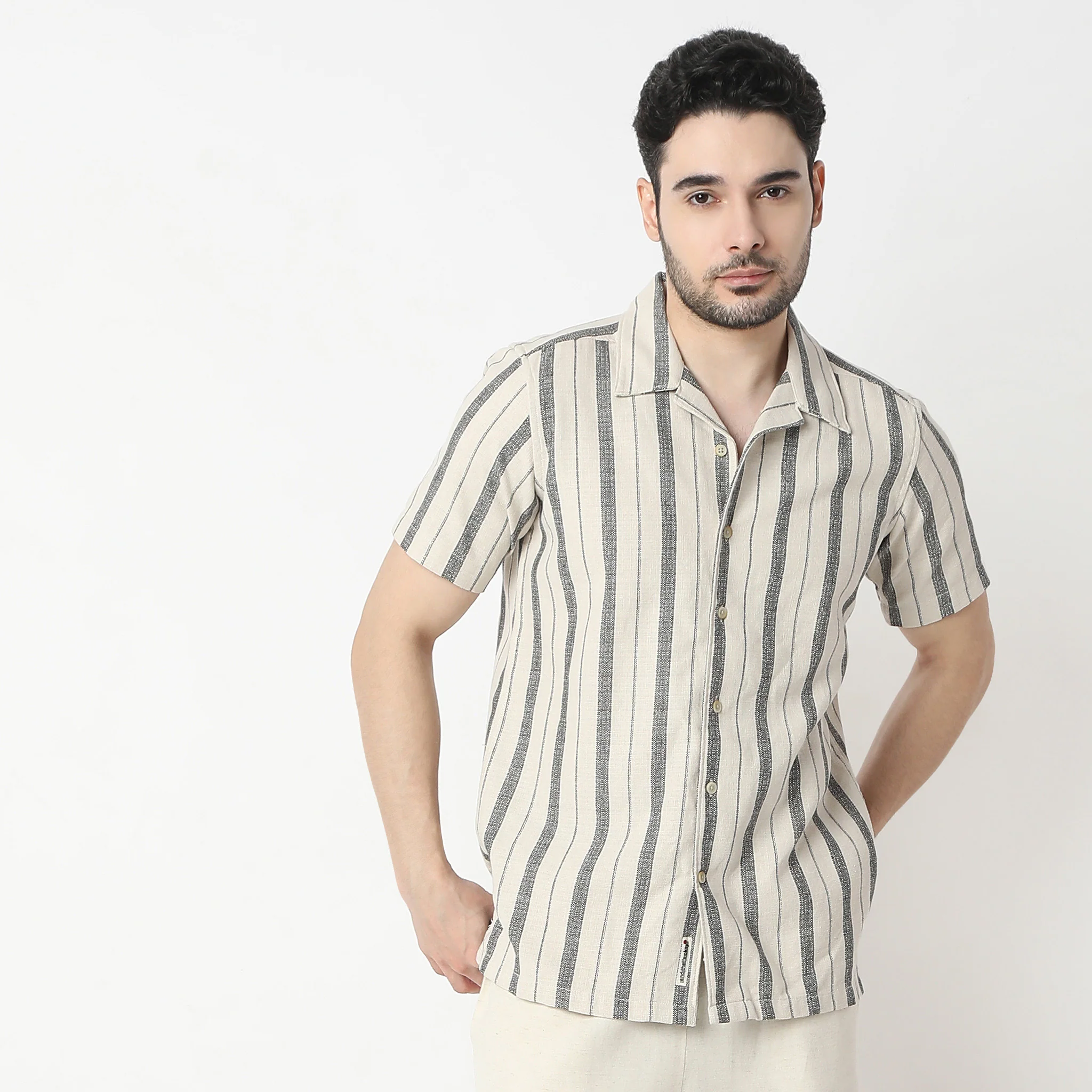 Striped Camp Collar Mood Half Sleeve Cuban Shirt - Image 2