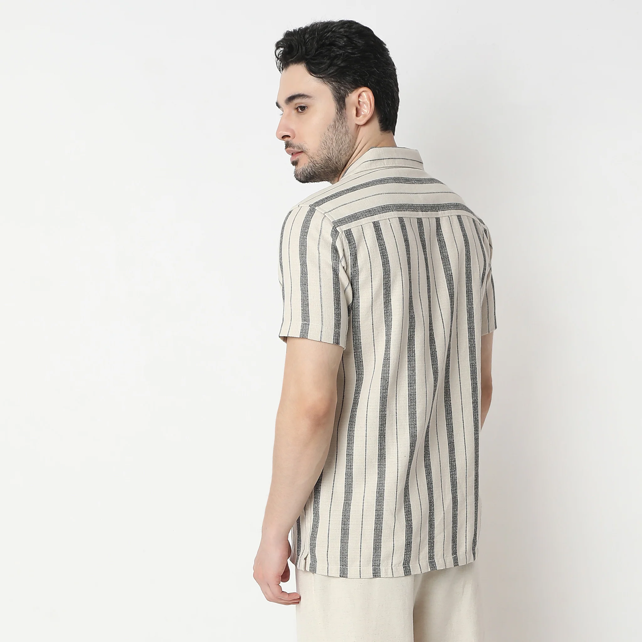 Striped Camp Collar Mood Half Sleeve Cuban Shirt - Image 3