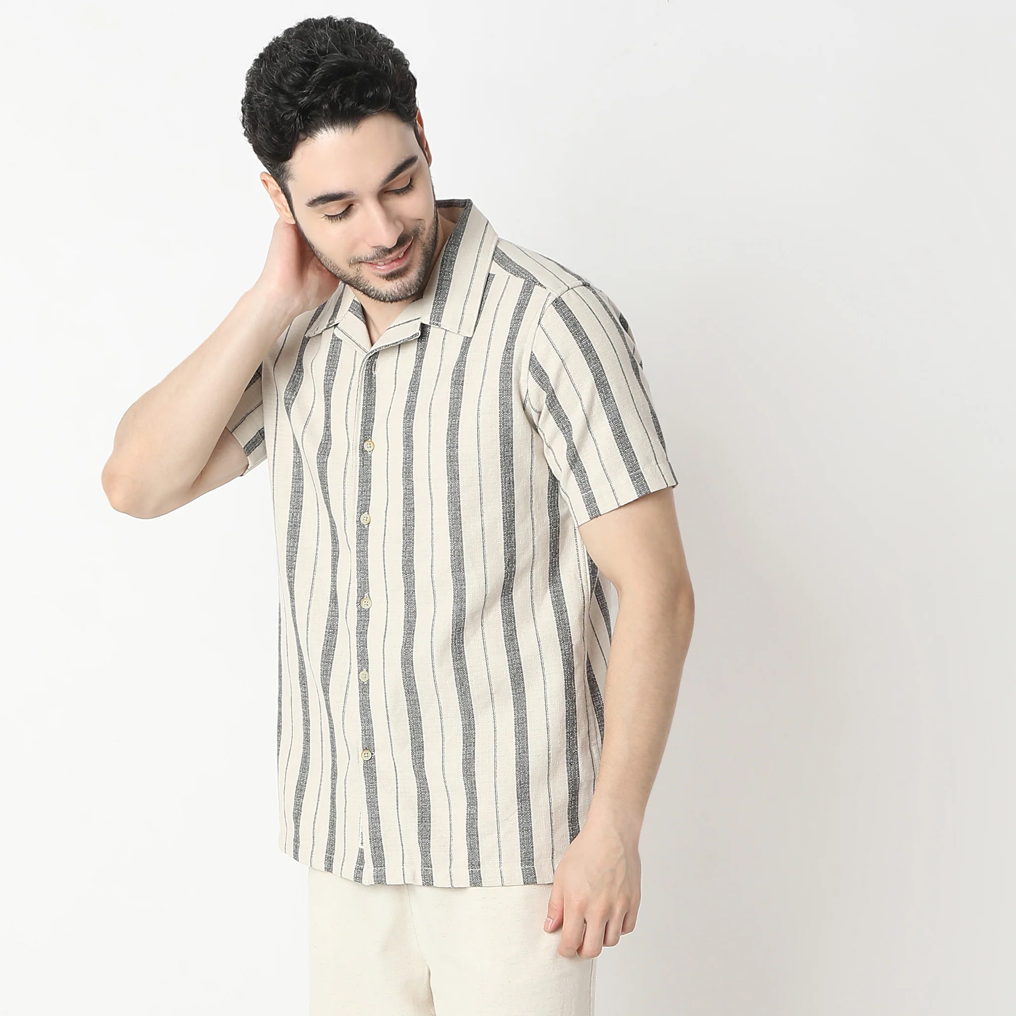 Striped Camp Collar Mood Half Sleeve Cuban Shirt - Image 4