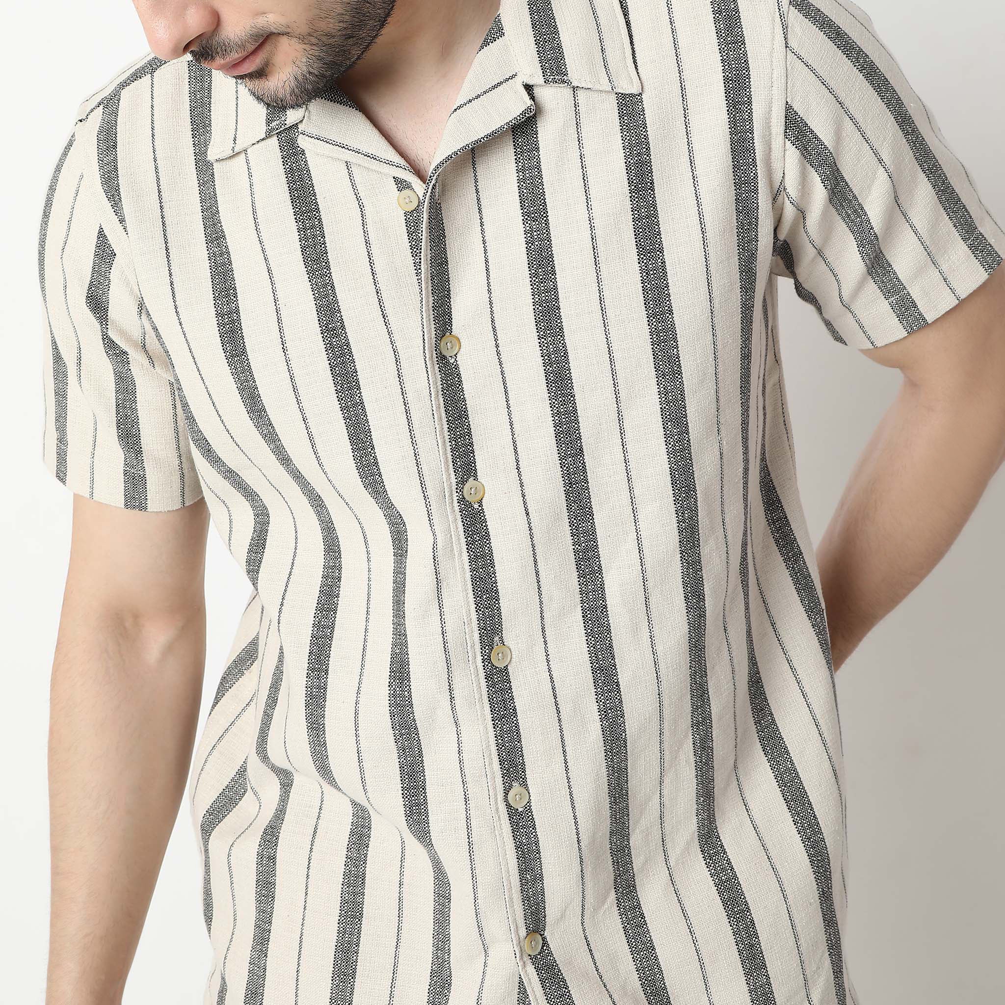 Striped Camp Collar Mood Half Sleeve Cuban Shirt - Image 5