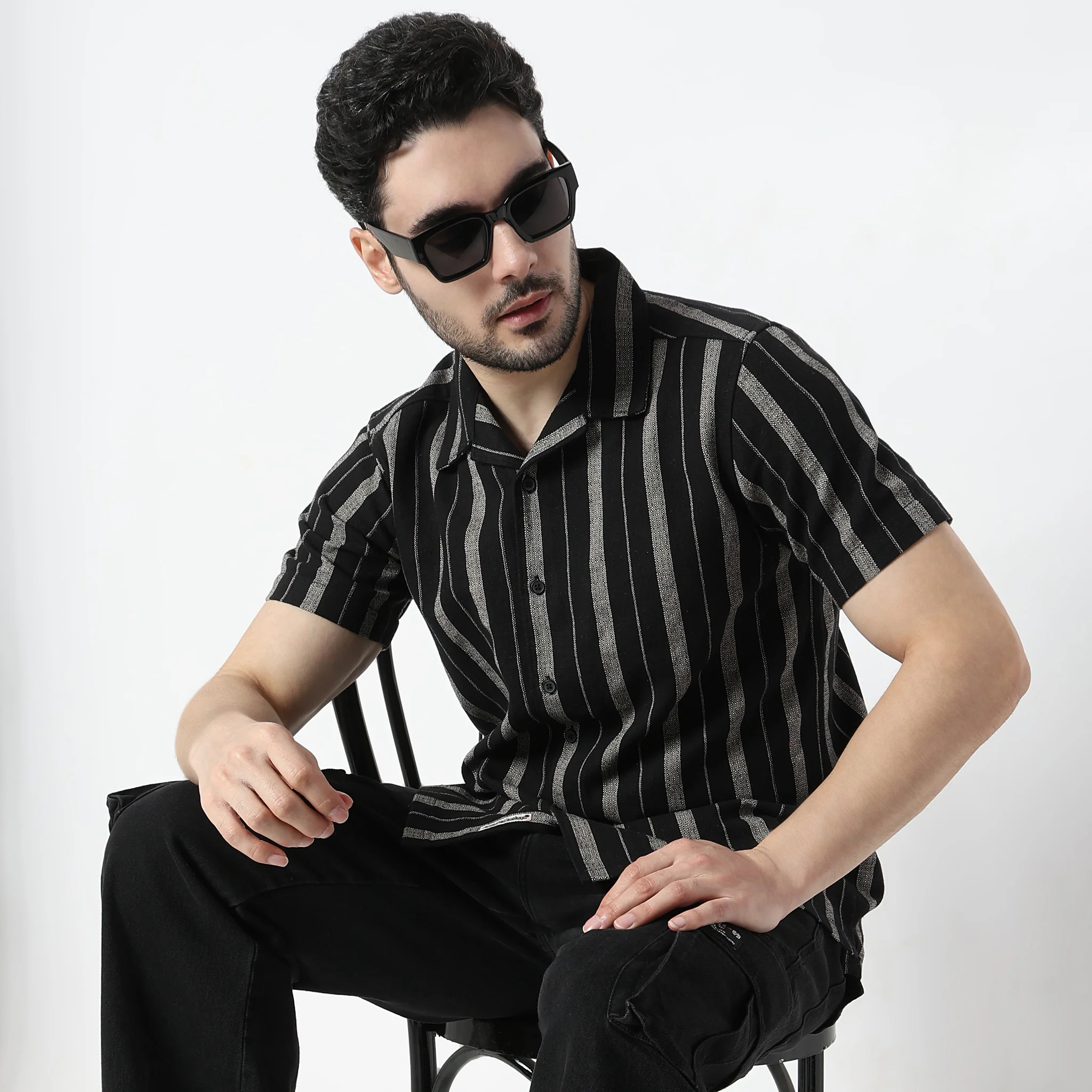 Striped Camp Collar Mood Half Sleeve Cuban Shirt - Image 7
