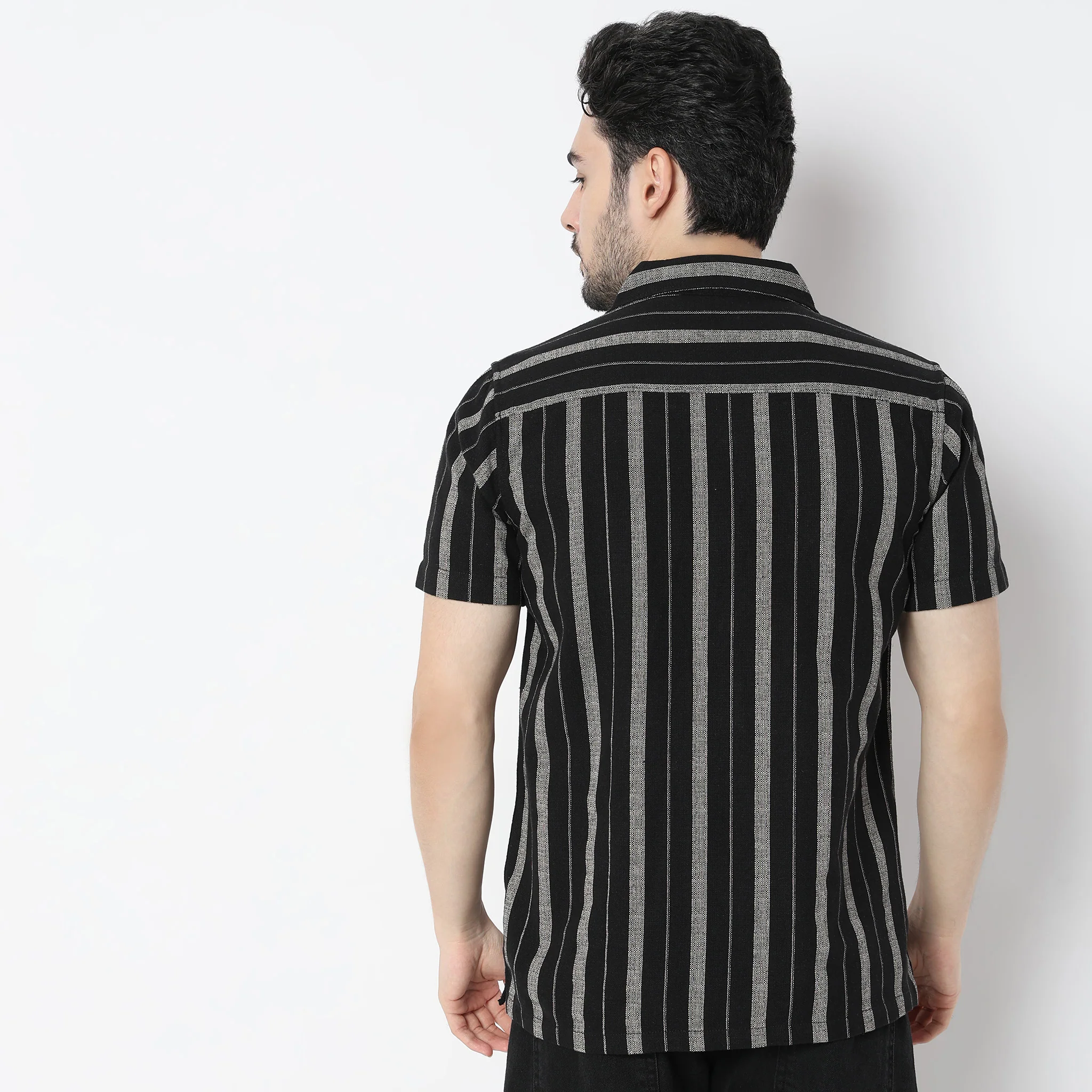 Striped Camp Collar Mood Half Sleeve Cuban Shirt - Image 8