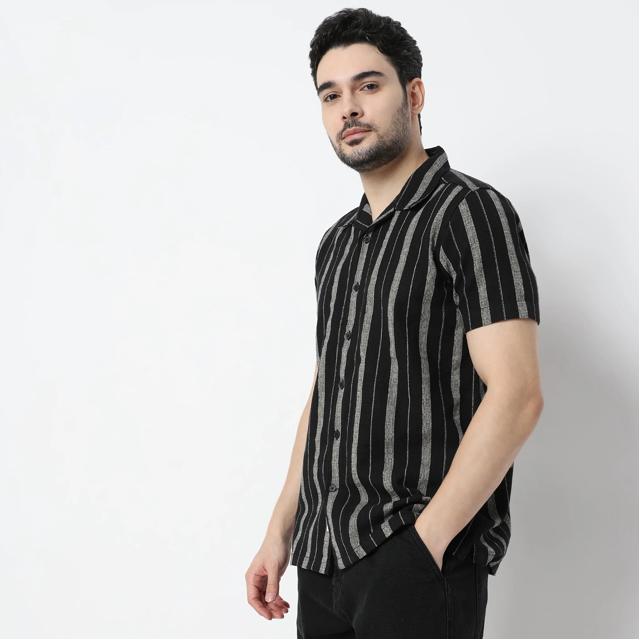 Striped Camp Collar Mood Half Sleeve Cuban Shirt - Image 9