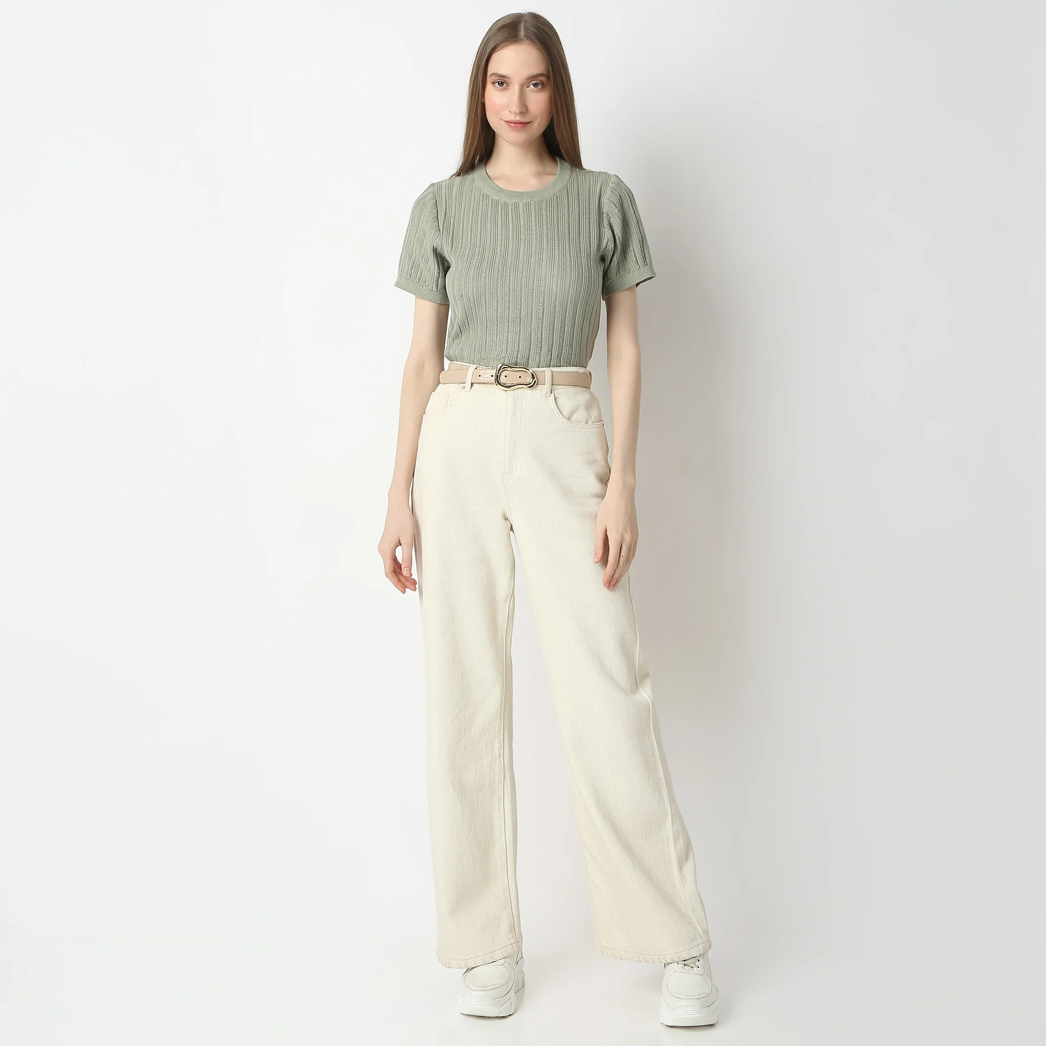 Structured U-Neck Short Sleeve Crop Flat Knits T-Shirt