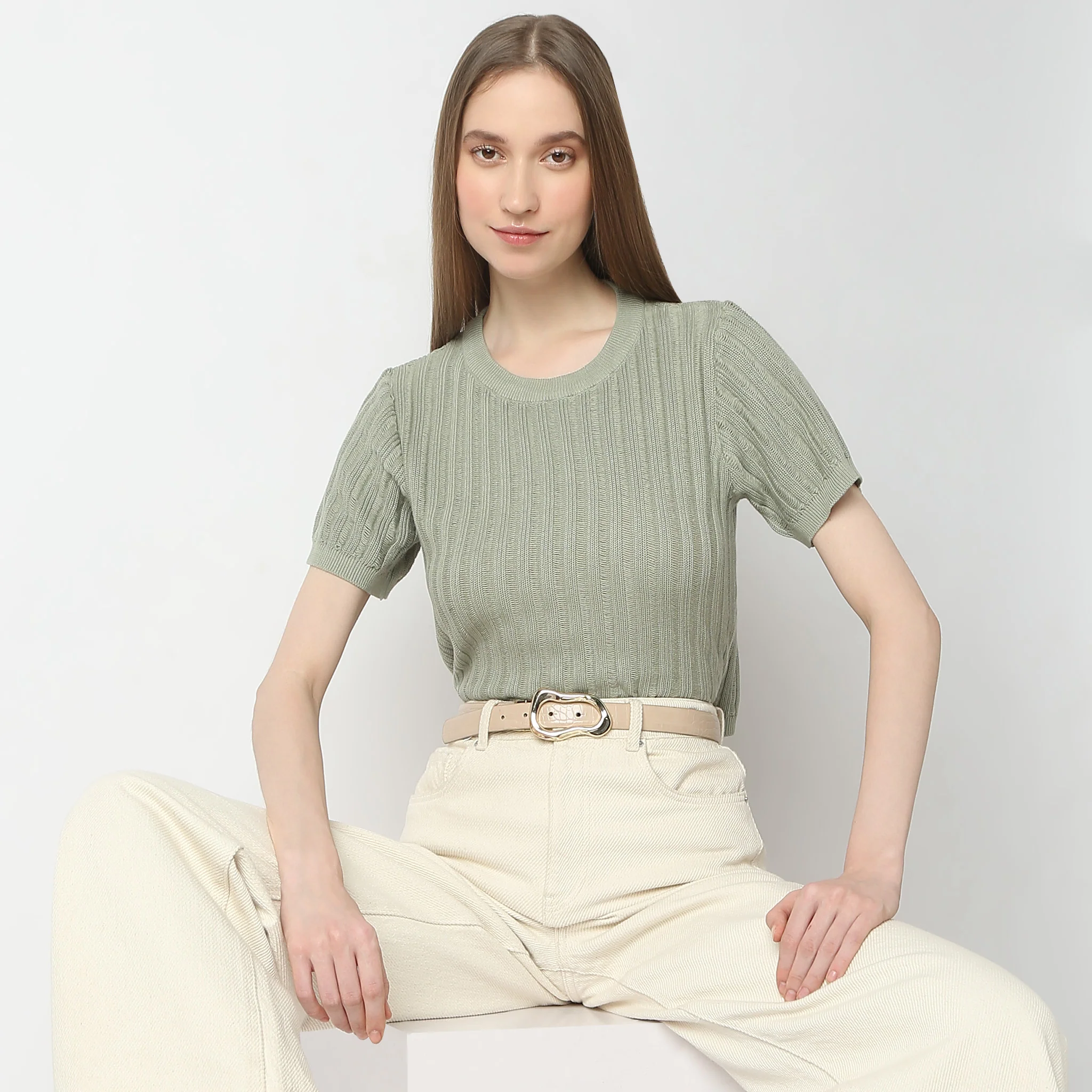 Structured U-Neck Short Sleeve Crop Flat Knits T-Shirt - Image 2
