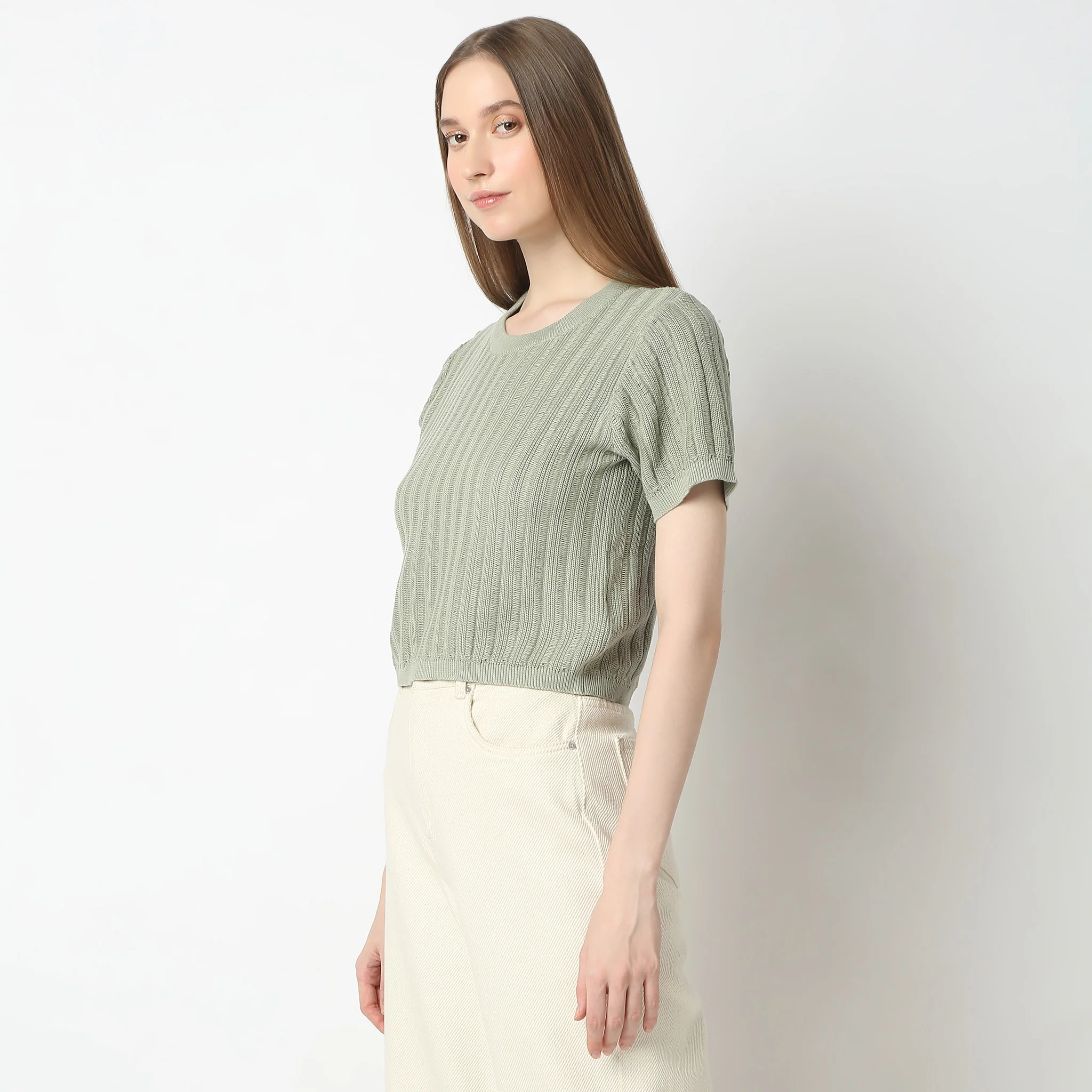 Structured U-Neck Short Sleeve Crop Flat Knits T-Shirt - Image 4