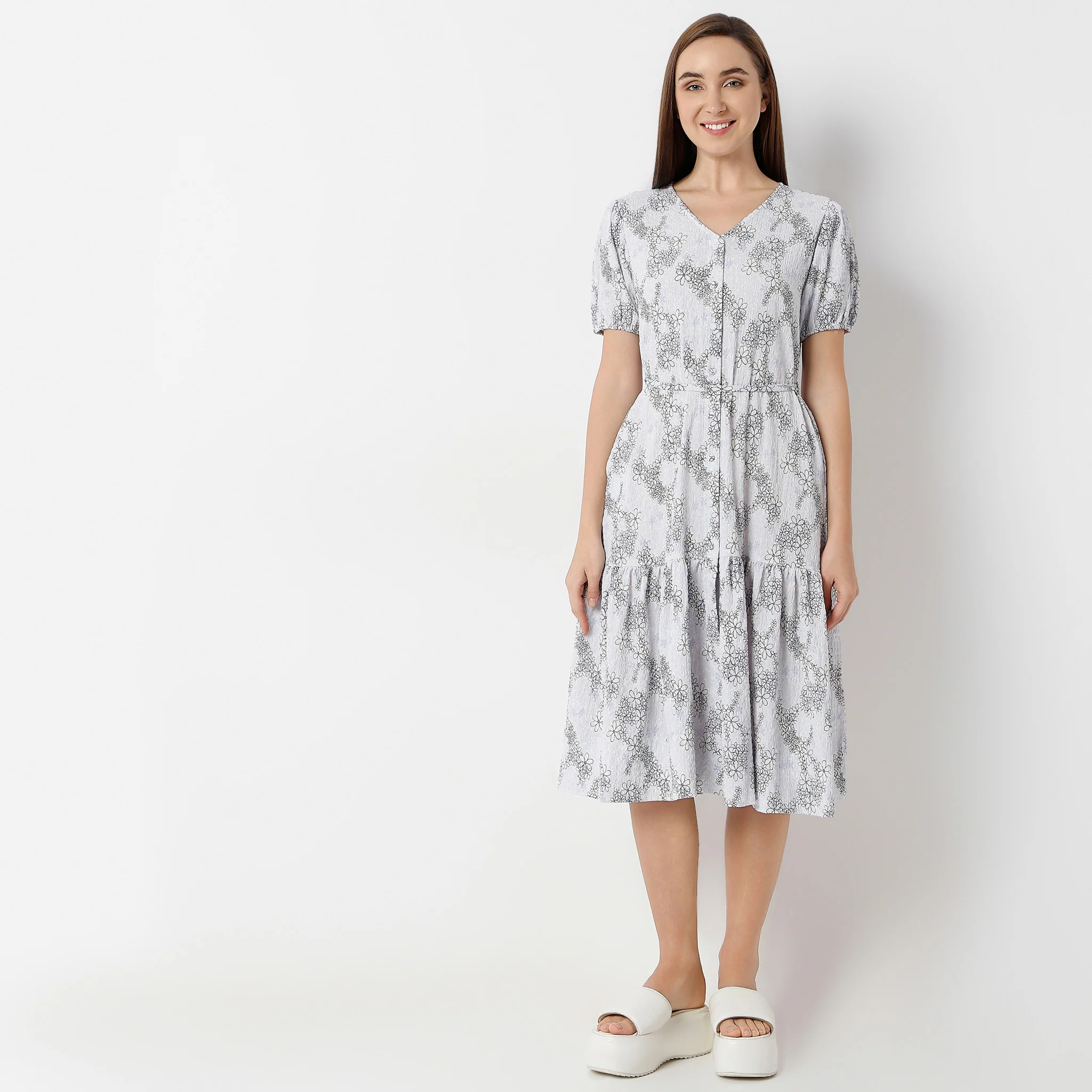 V-Neck Below Knee Short Sleeve Marigold Printed Dress - Image 2