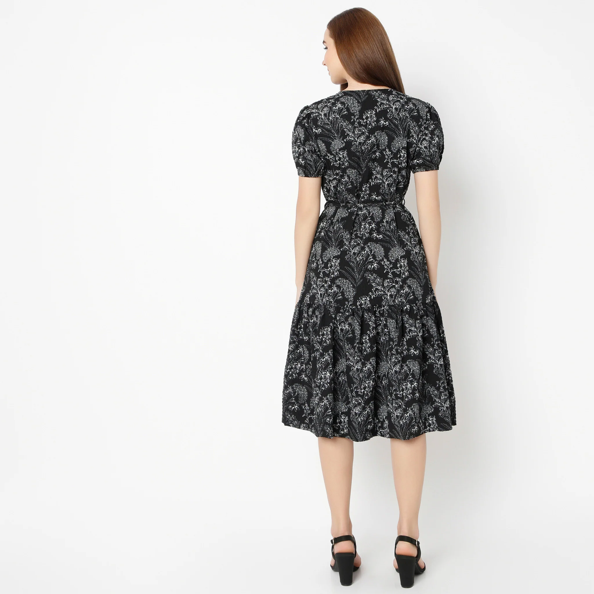 V-Neck Below Knee Short Sleeve Marigold Printed Dress - Image 8
