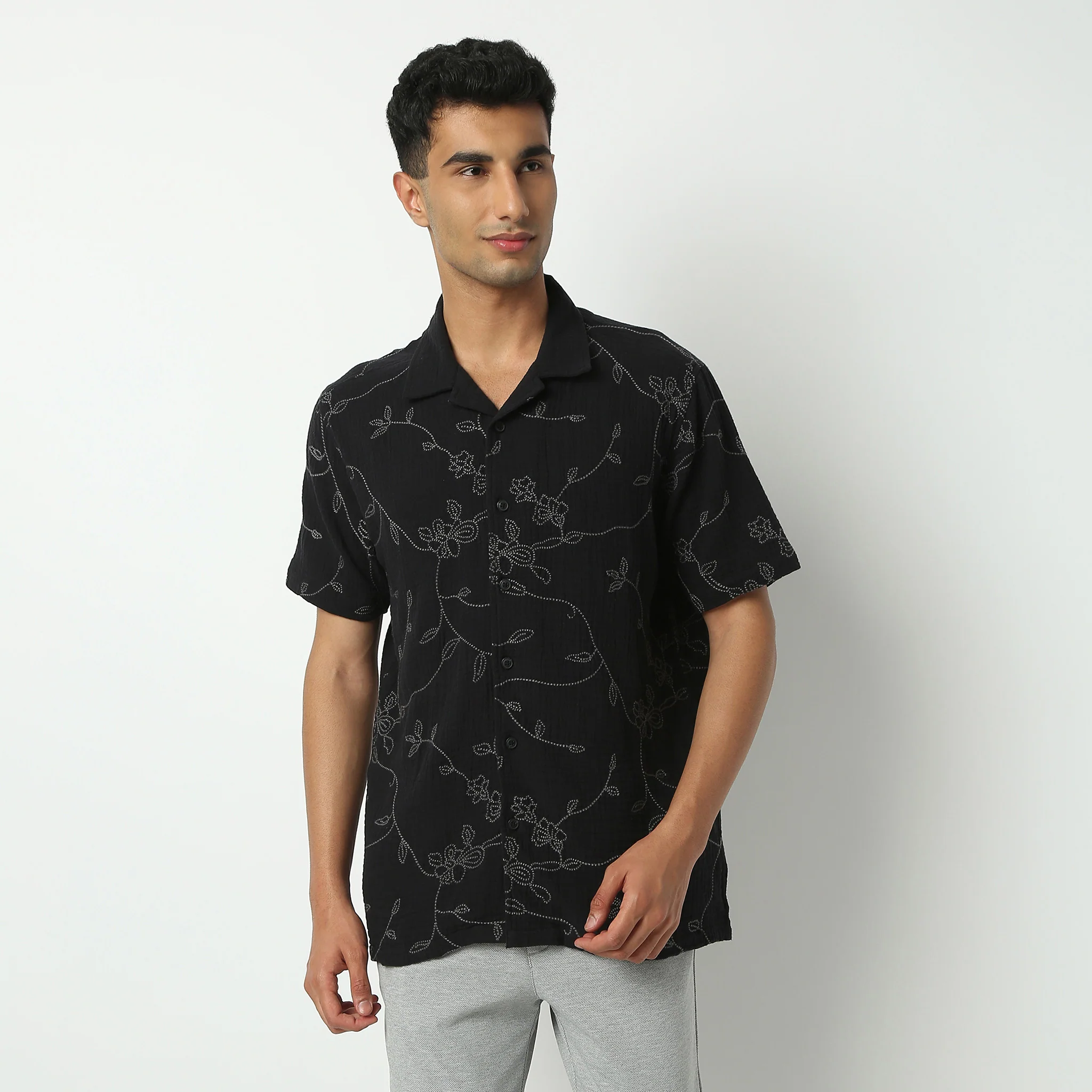 Camp Collar Half Sleeve Short Length Relaxed Fit Cuban Embroidered Shirt - Image 2