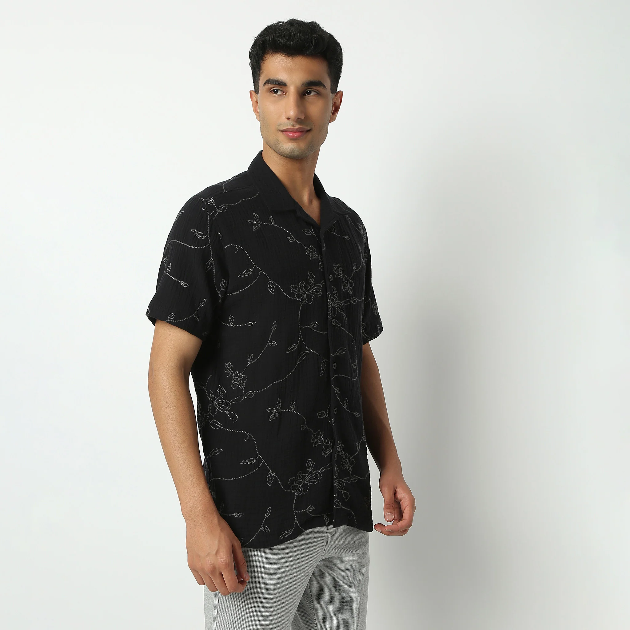 Camp Collar Half Sleeve Short Length Relaxed Fit Cuban Embroidered Shirt - Image 5