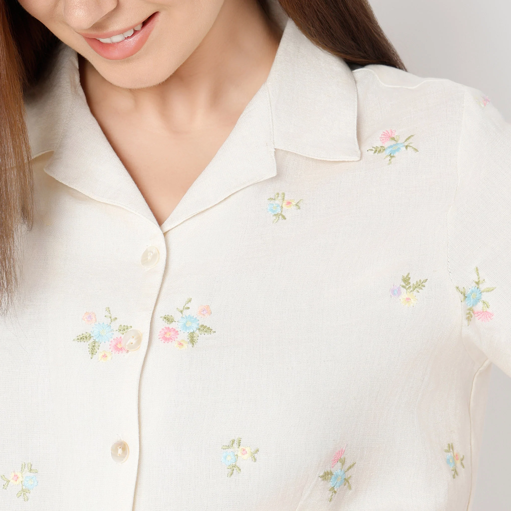 Camp Collar Short Sleeve Relaxed Fit Embroidered Crop Top - Image 4