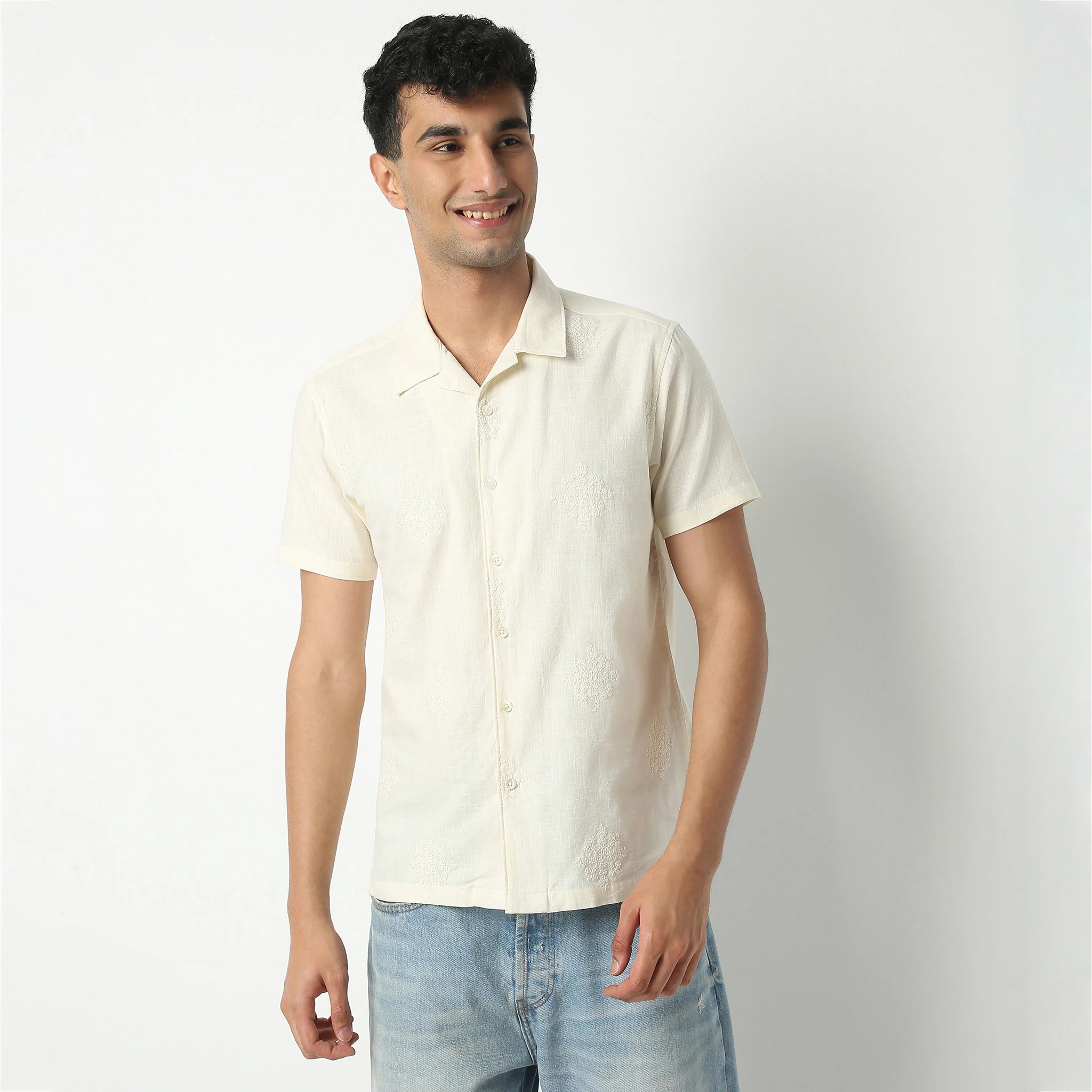 Camp Collar Half Sleeve Relaxed Fit Cuban Embroidered Shirt - Image 2