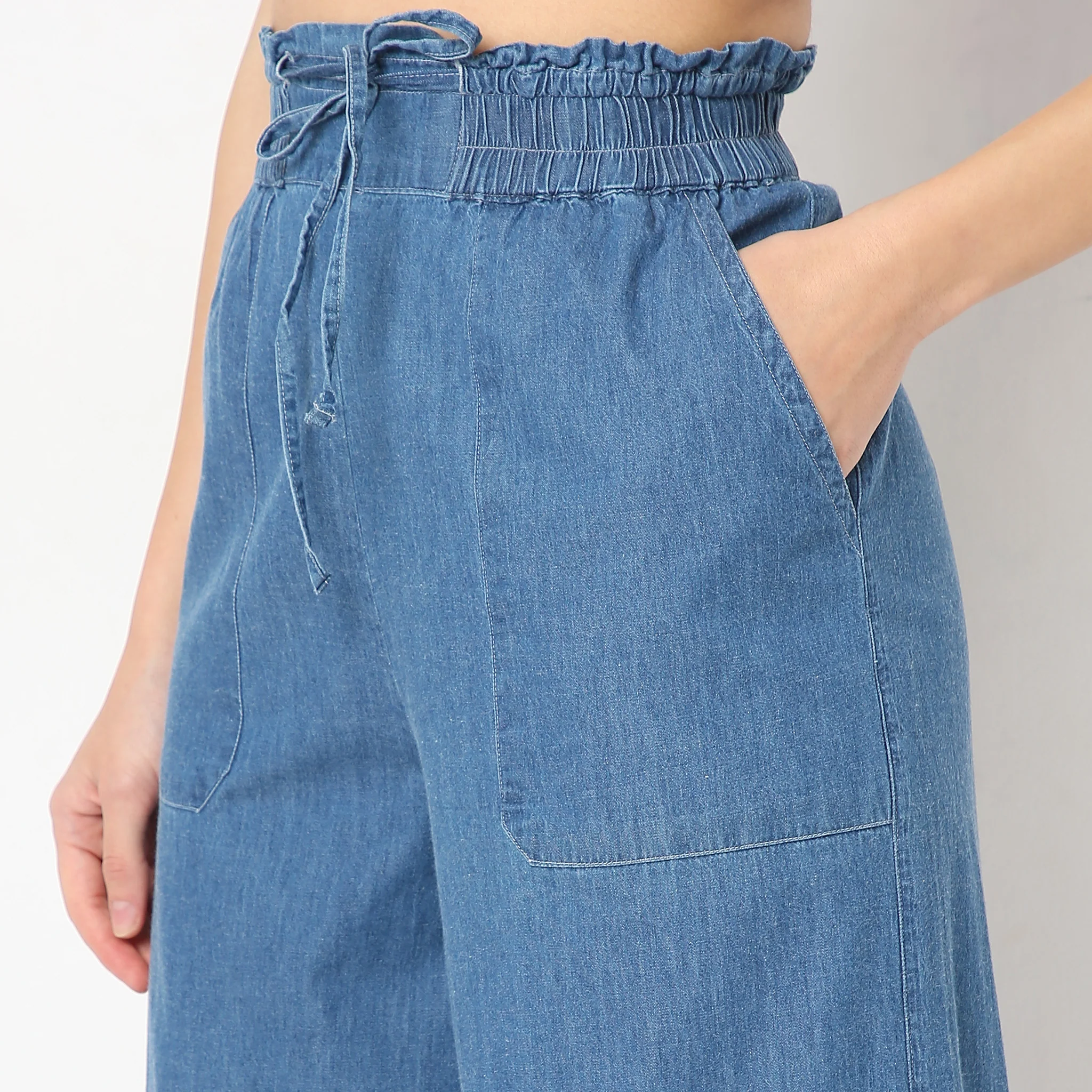 Relaxed Fit Ankle Length High Rise Denim Pull On Palazzos - Image 4