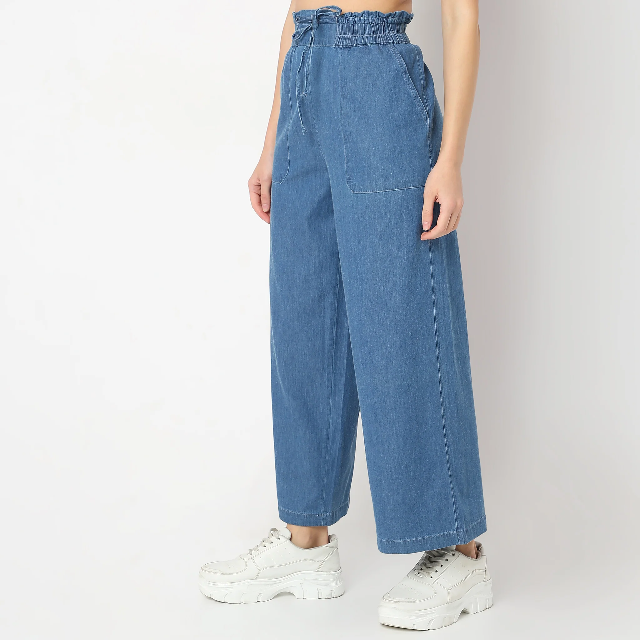 Relaxed Fit Ankle Length High Rise Denim Pull On Palazzos - Image 5