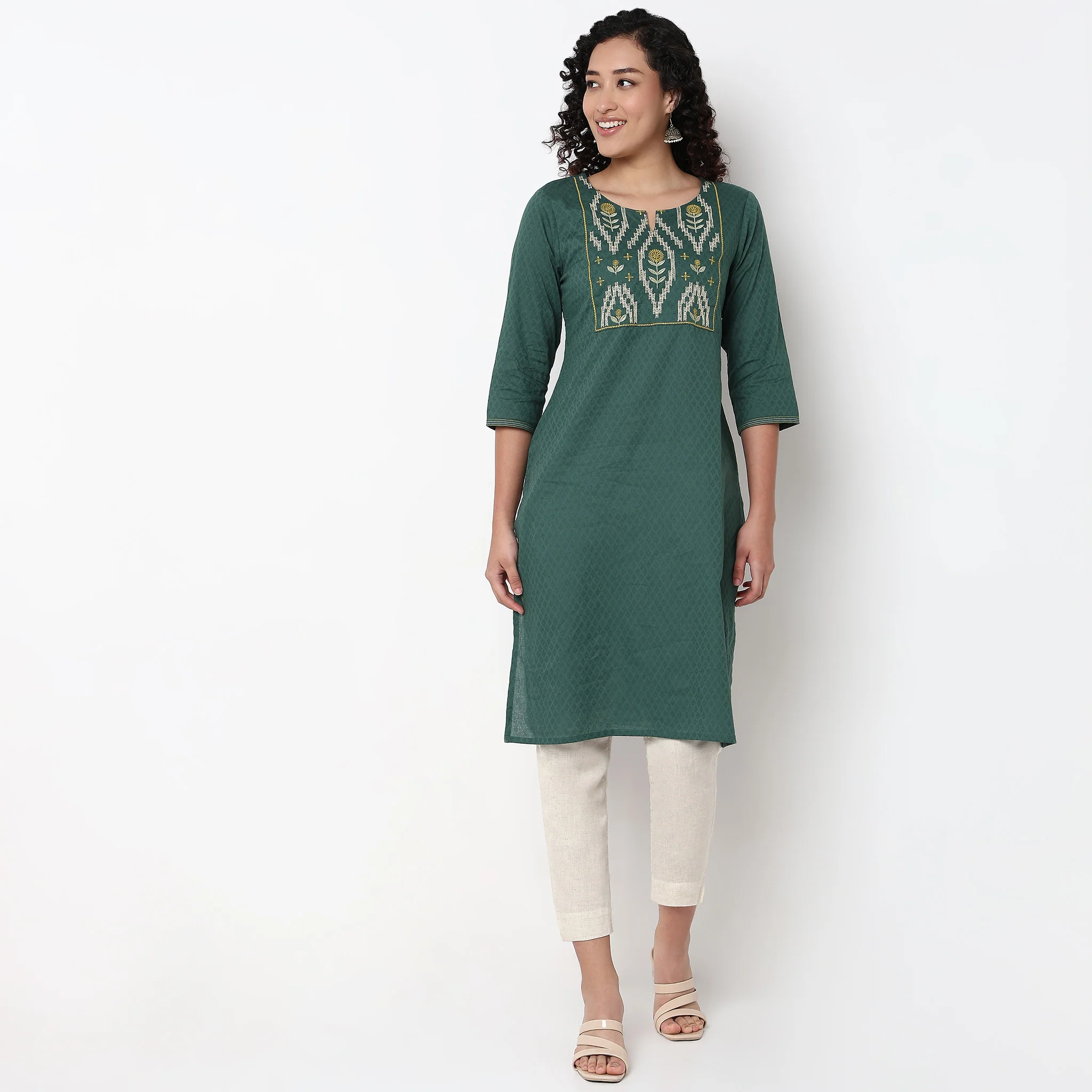 Embroidered Yoke Straight Kurta - Image 2