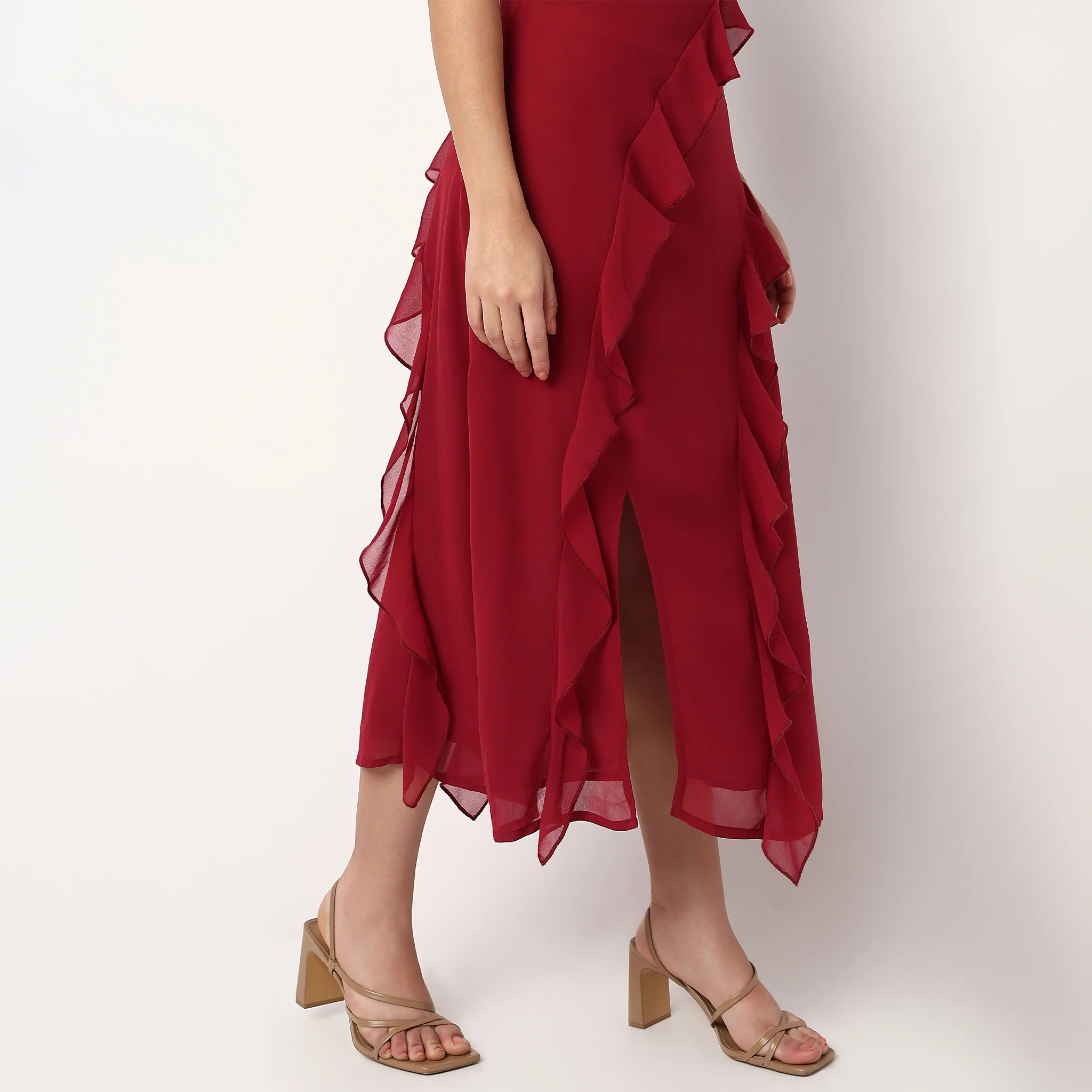 Scoop Neck Flared Strapy Dress With Ruffle Detail - Image 4