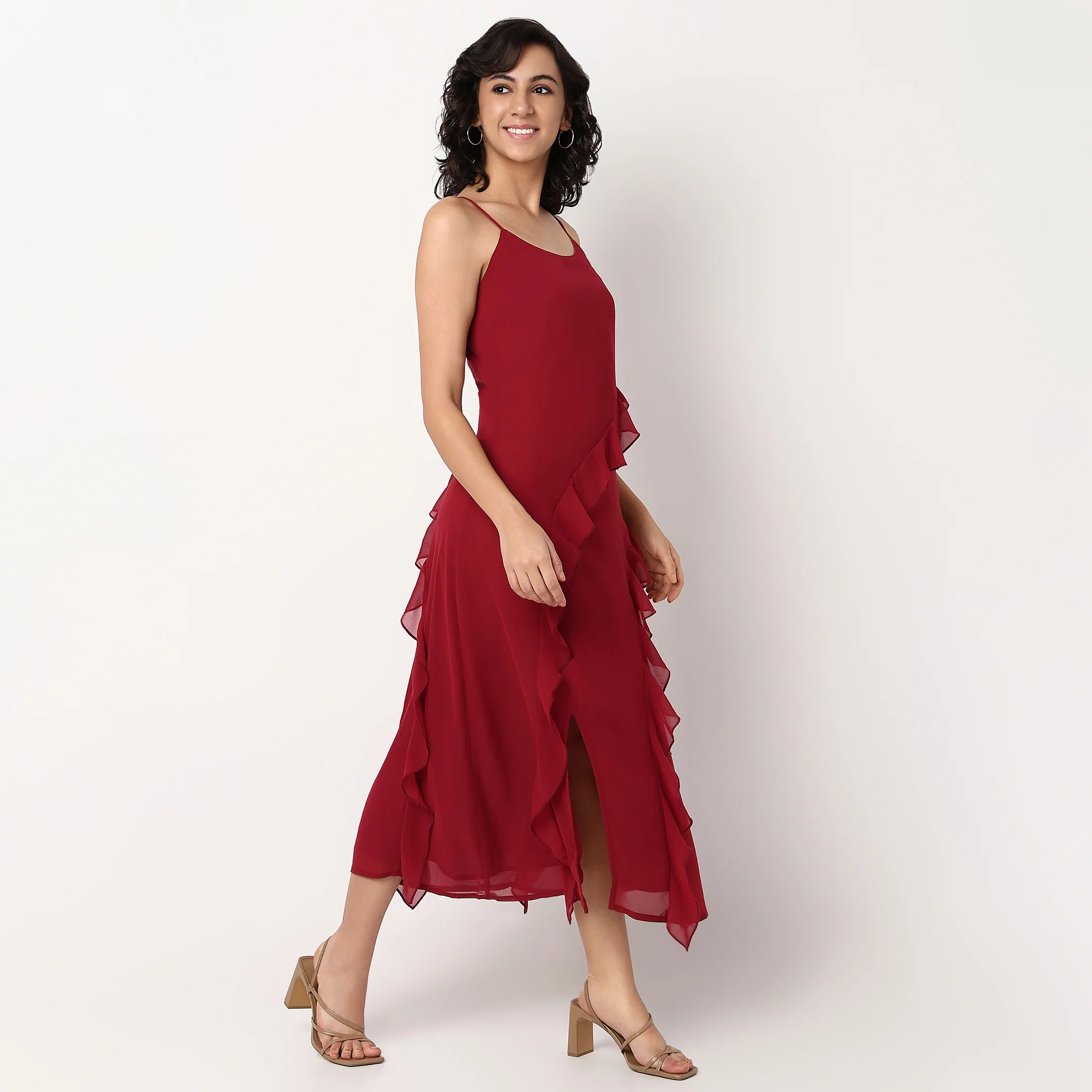 Scoop Neck Flared Strapy Dress With Ruffle Detail - Image 5