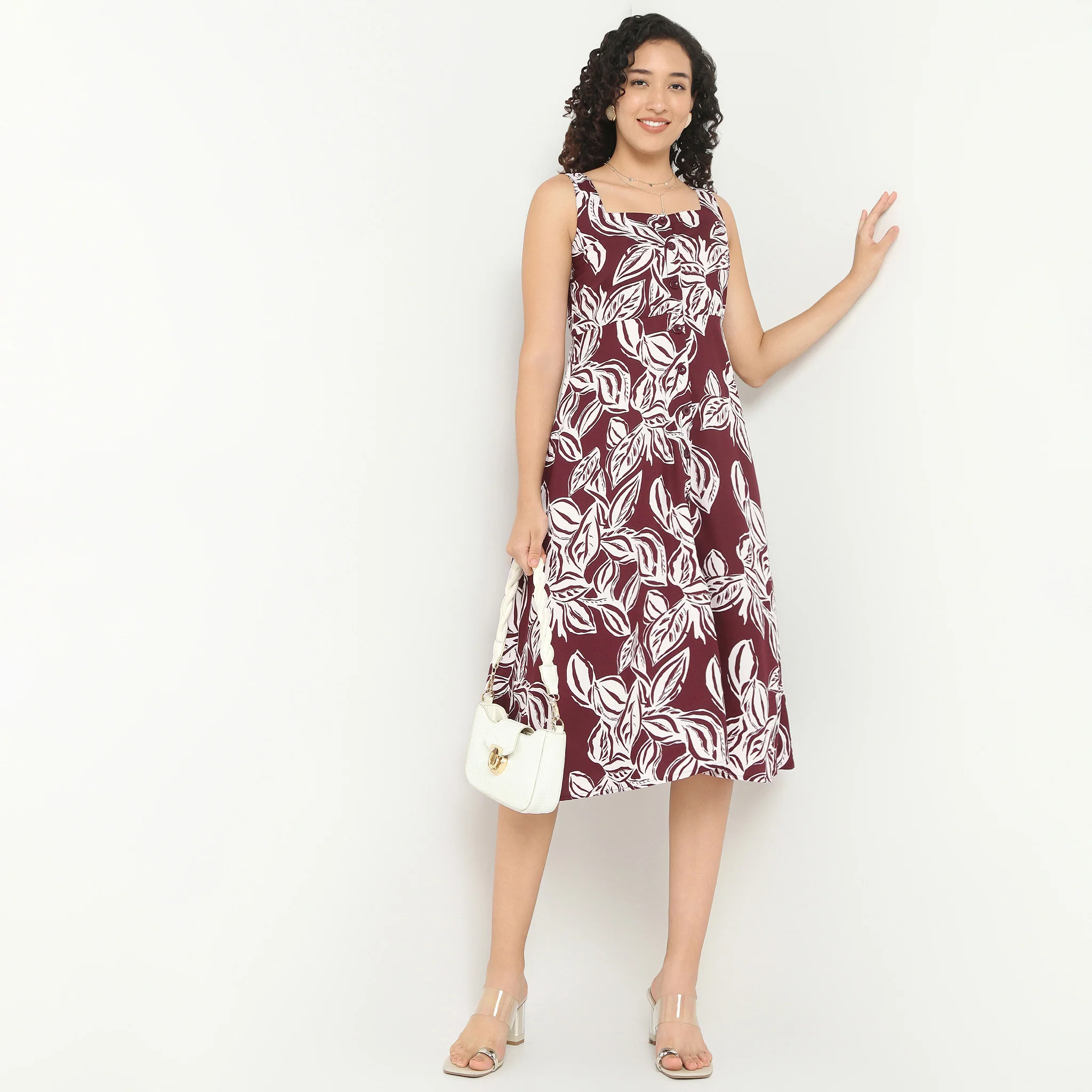 Sleeveless Front Button Up Dress With Square Neck