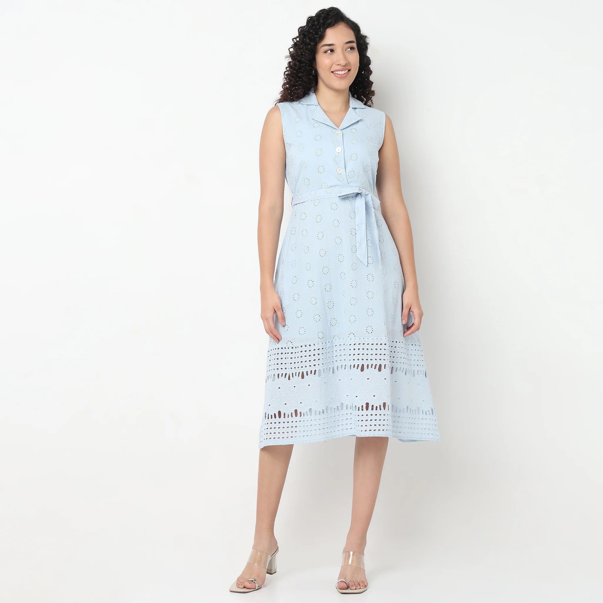 Lapel Collar Schiffli Flared Dress - Image 2