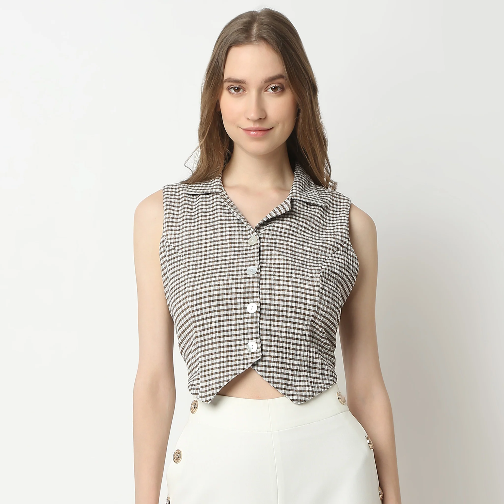 Slim Fit Checkered Sleeveless Lapel Collar Shirt - Image 2