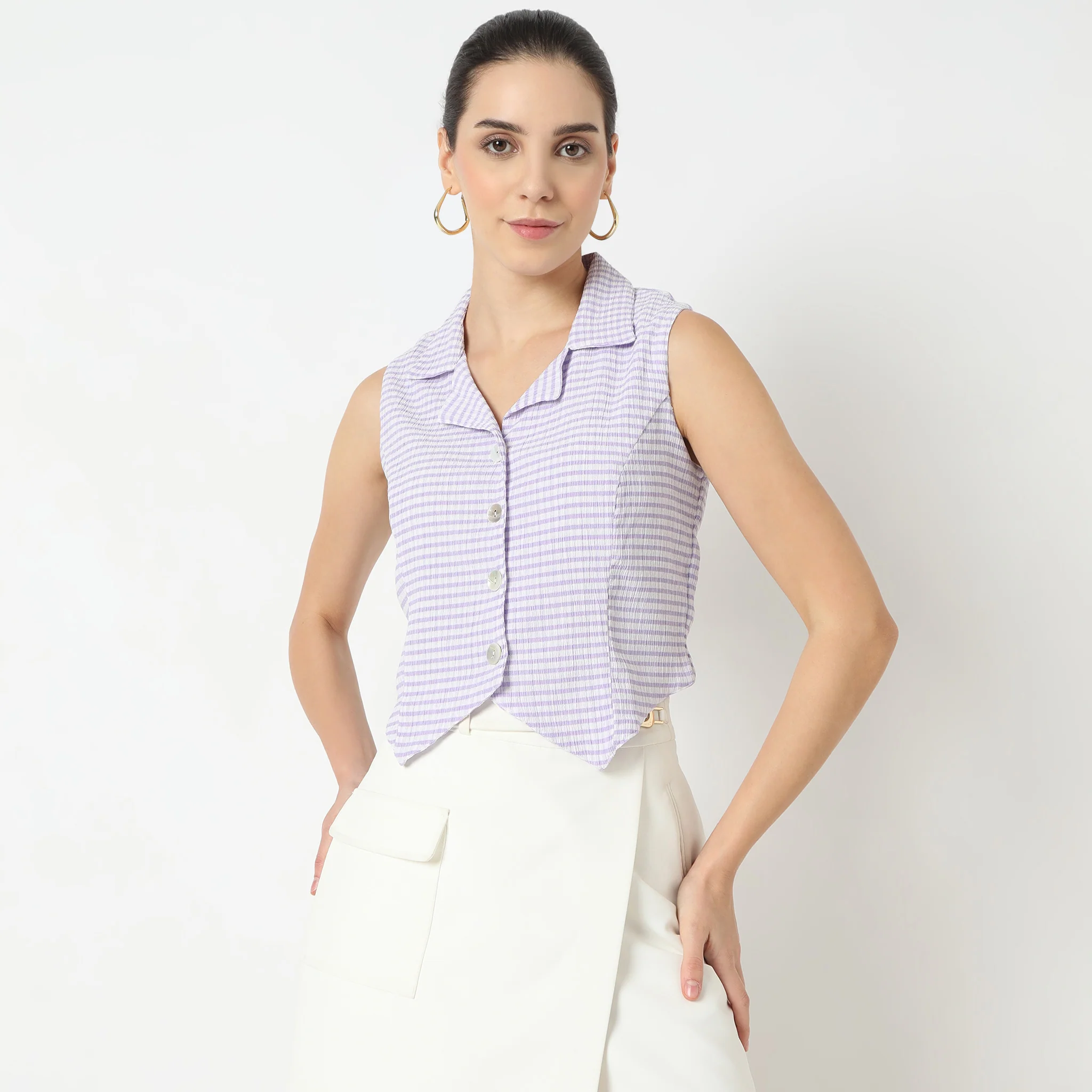 Slim Fit Checkered Sleeveless Lapel Collar Shirt - Image 7
