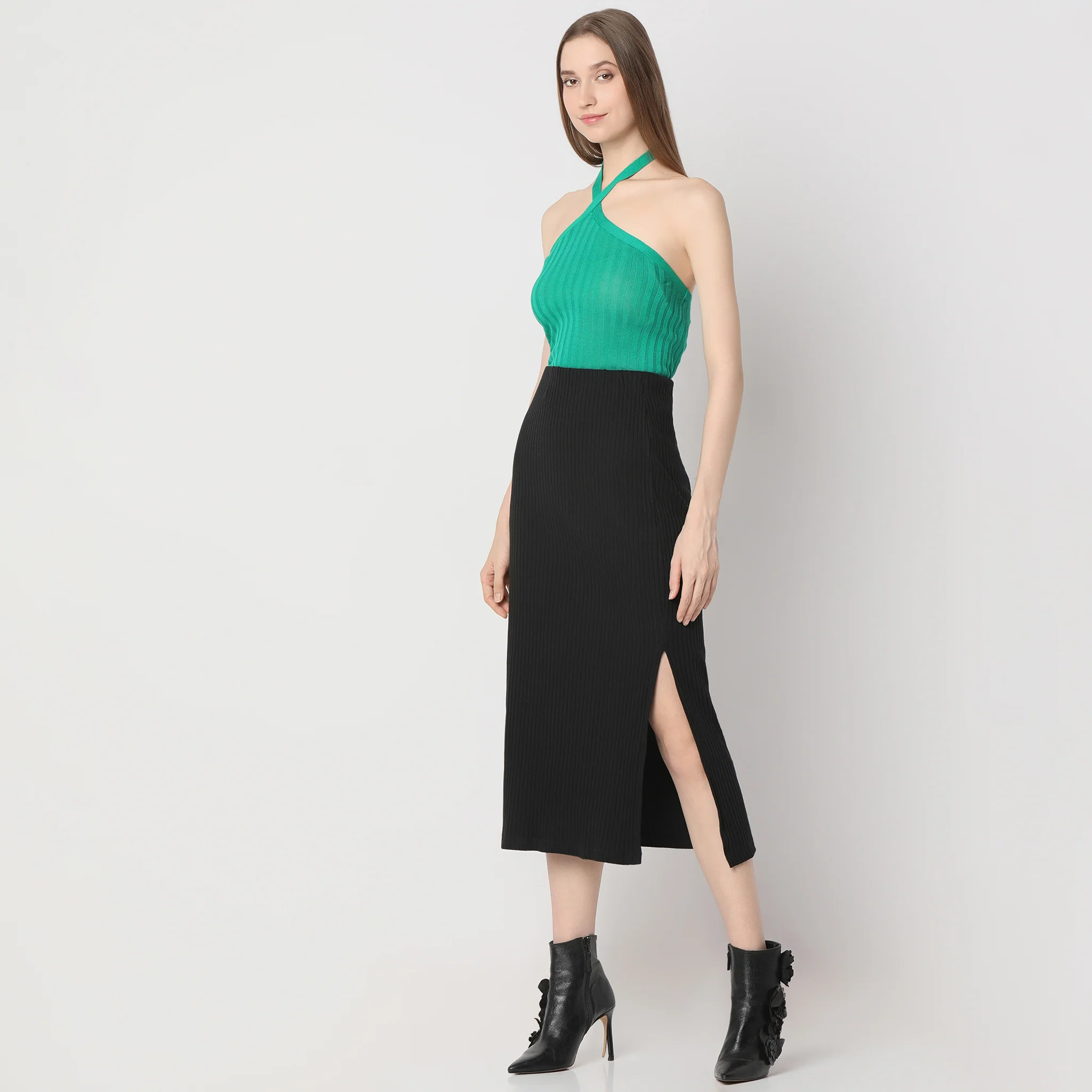 Slim Fit Below Knee Bodycon High Rise Skirt With Side Slit