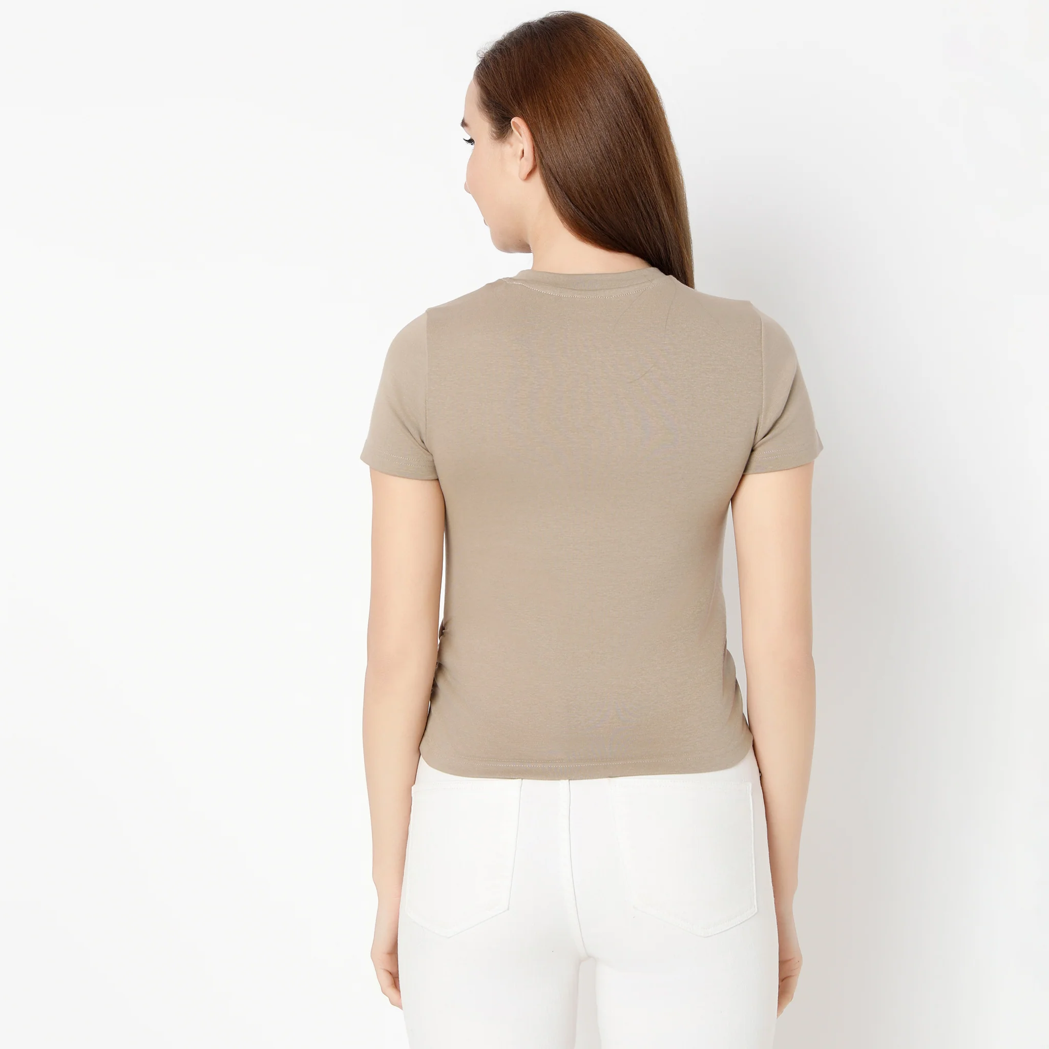 Round Neck Half Sleeve Ruching Detail Solid T-Shirt - Image 3