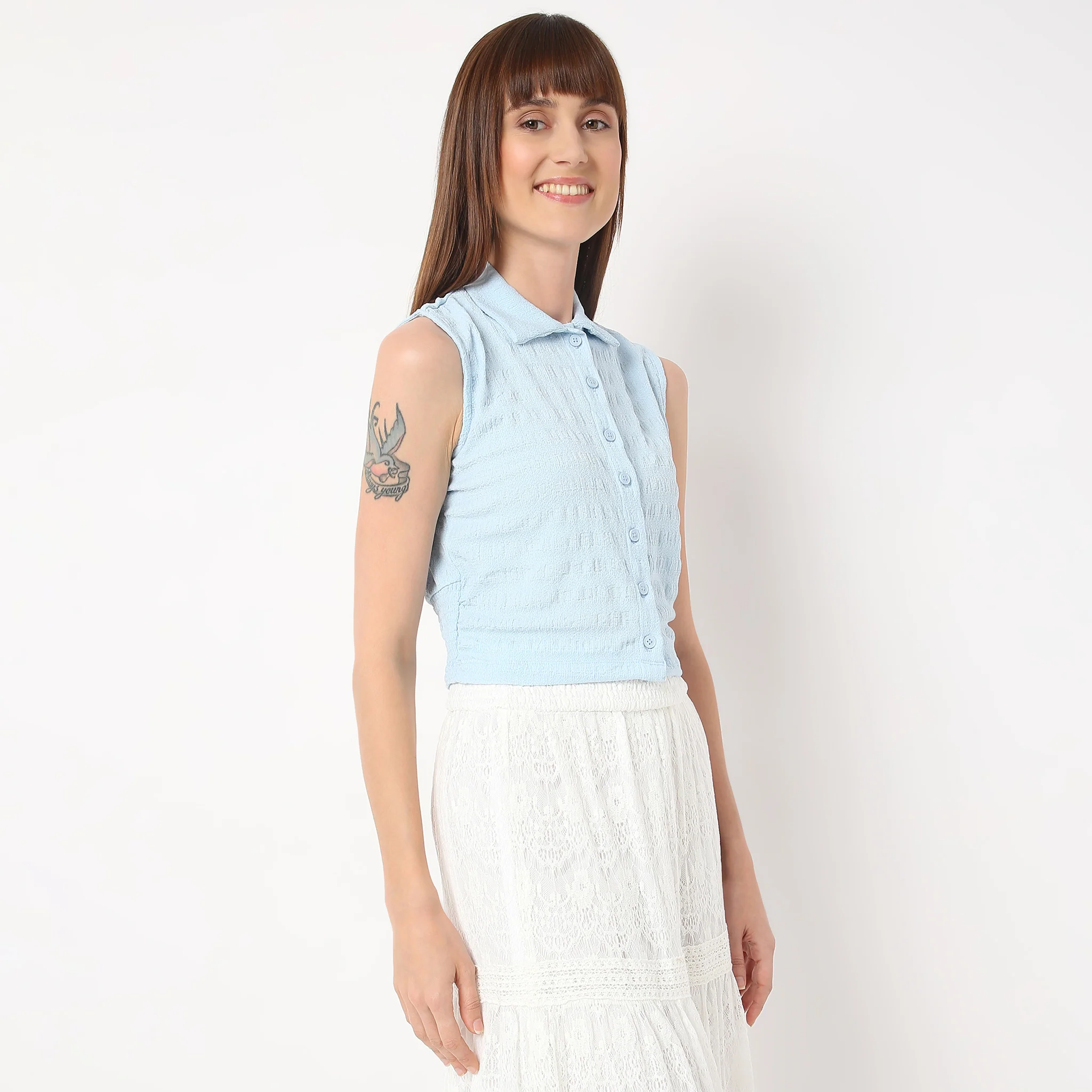 Shirt Collar Sleeveless Crop Shirt - Image 5