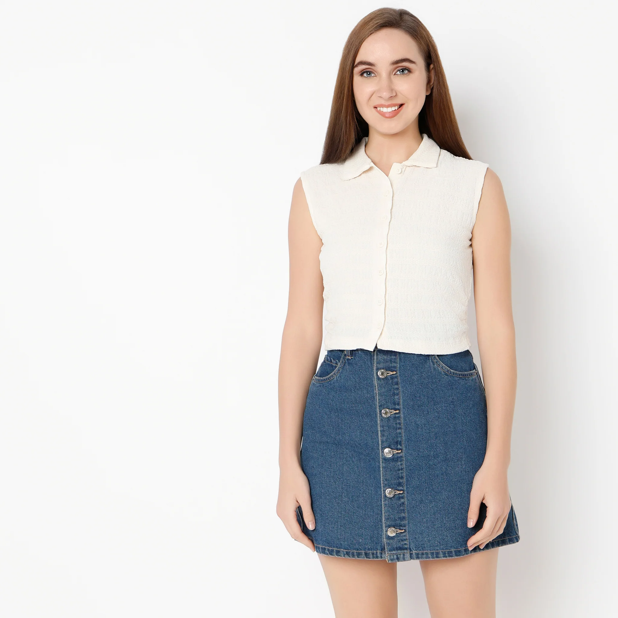 Shirt Collar Sleeveless Crop Shirt - Image 7