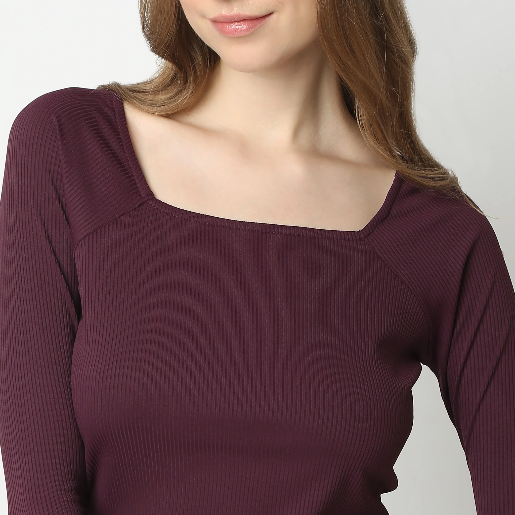 Slim Fit Solid Full Sleeve Square Neck Betty T-Shirt - Image 10
