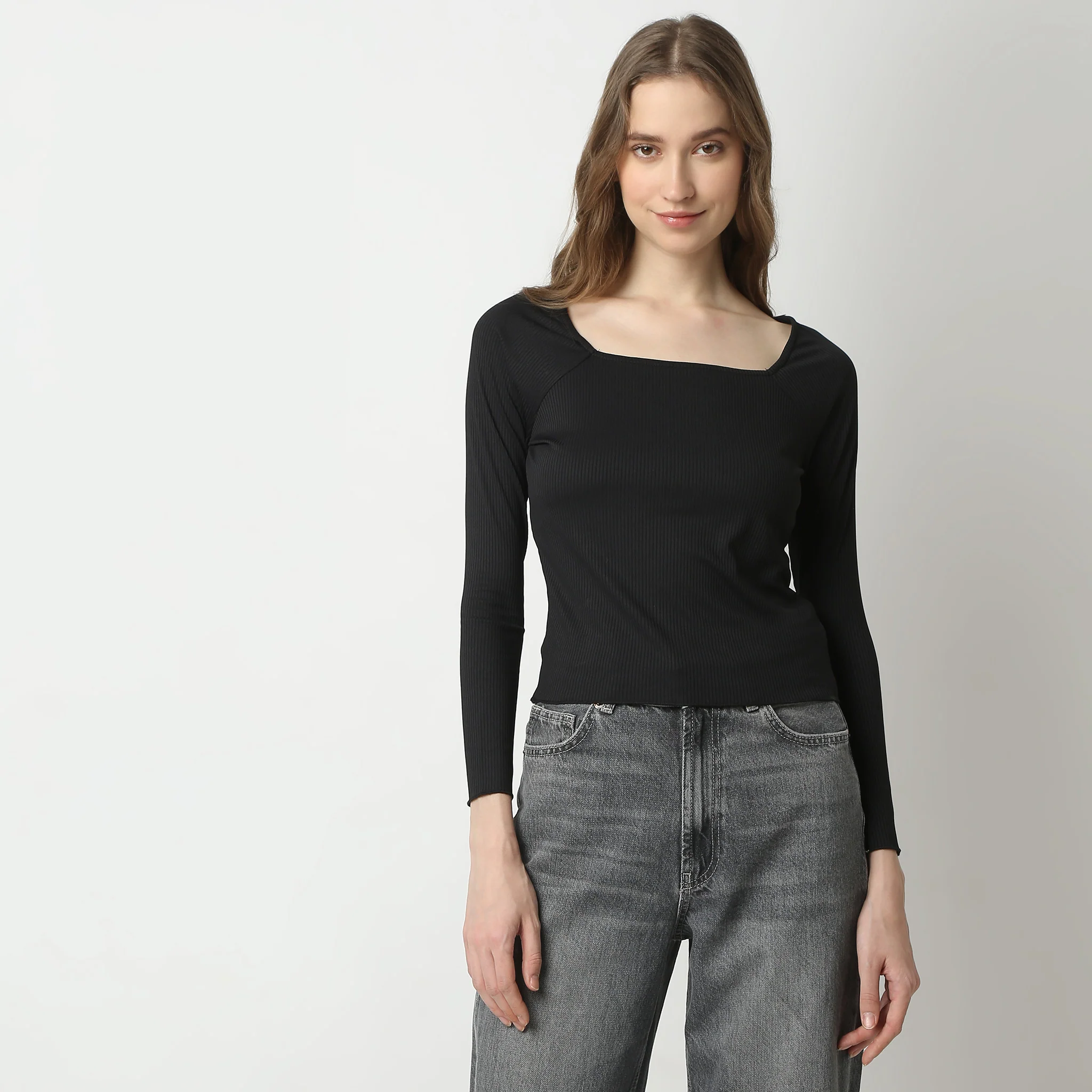 Slim Fit Solid Full Sleeve Square Neck Betty T-Shirt - Image 2