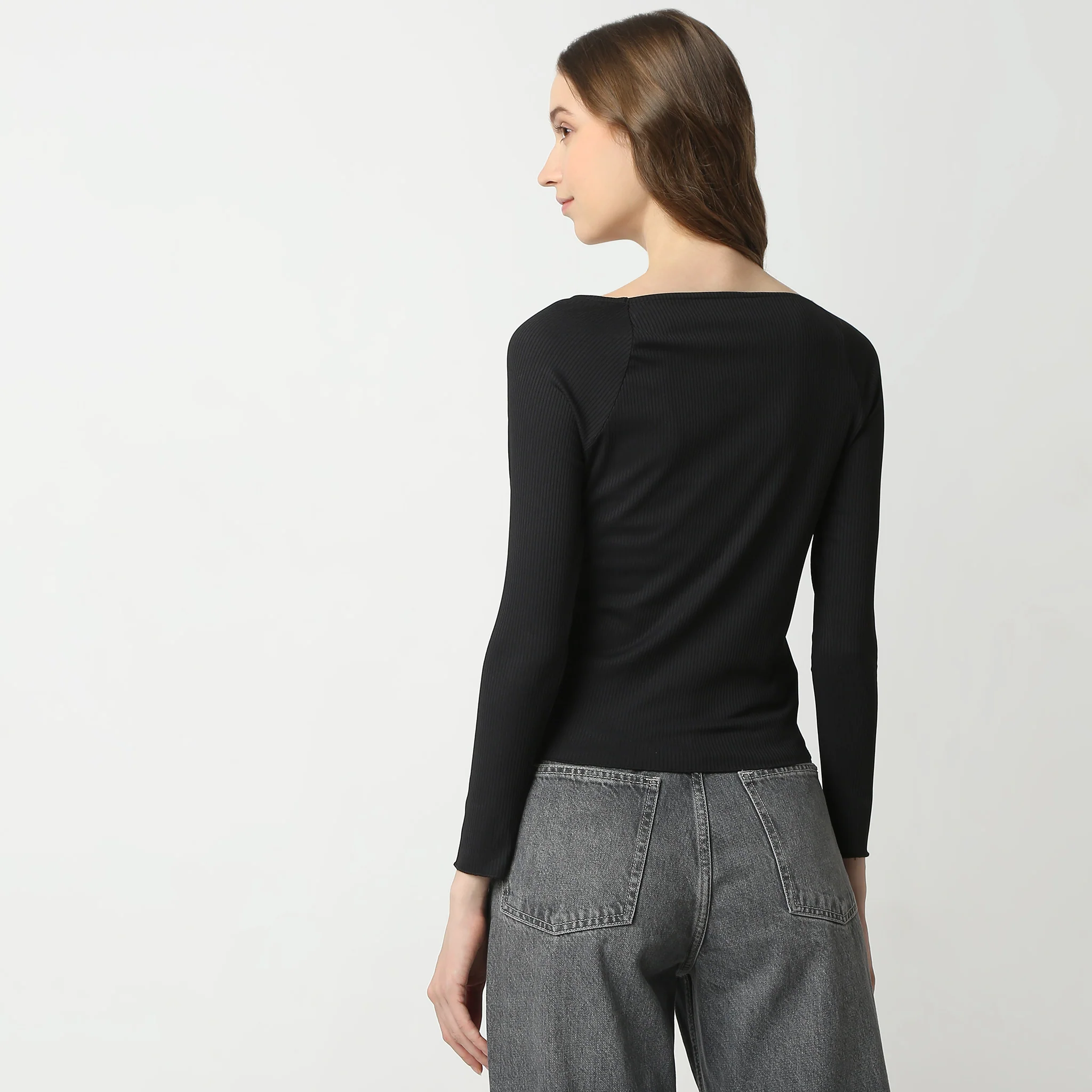 Slim Fit Solid Full Sleeve Square Neck Betty T-Shirt - Image 3