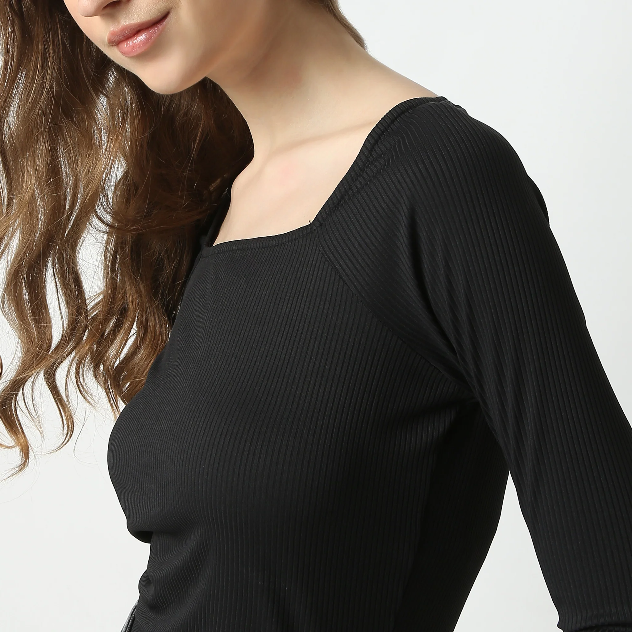 Slim Fit Solid Full Sleeve Square Neck Betty T-Shirt - Image 5