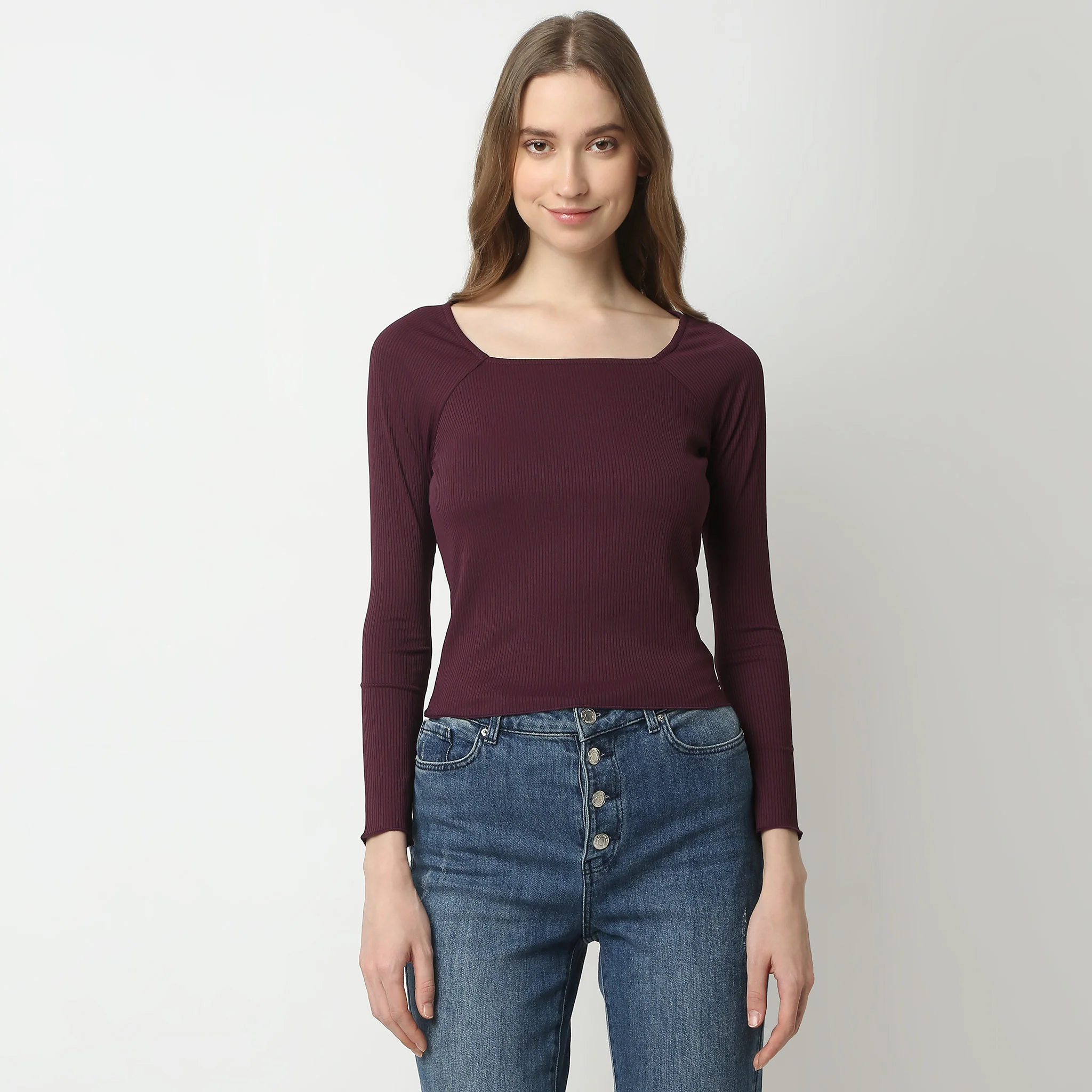 Slim Fit Solid Full Sleeve Square Neck Betty T-Shirt - Image 7