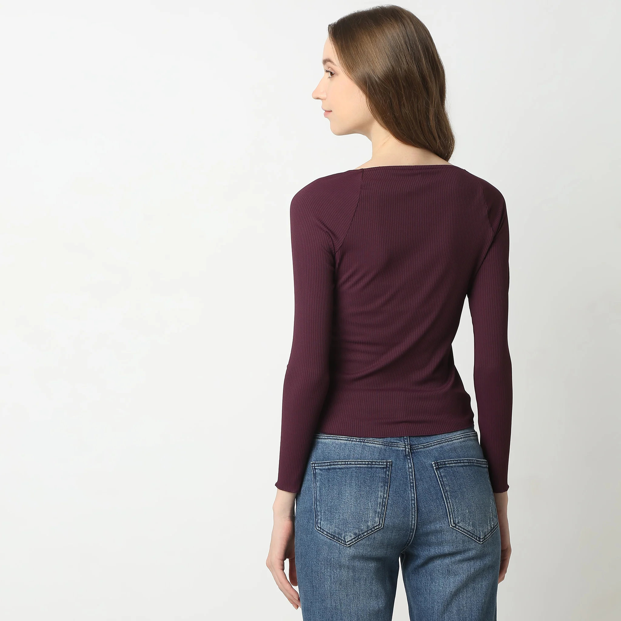 Slim Fit Solid Full Sleeve Square Neck Betty T-Shirt - Image 8