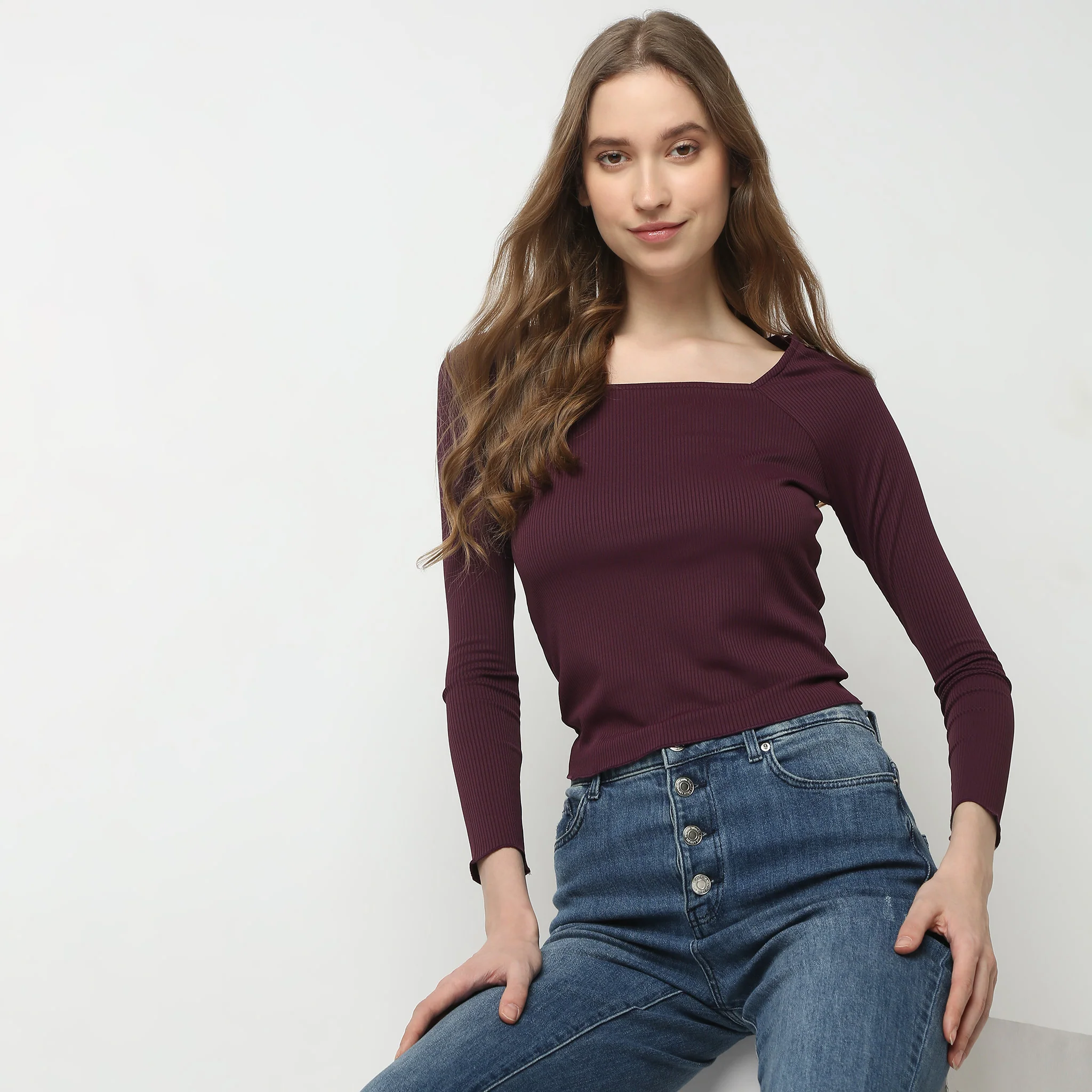 Slim Fit Solid Full Sleeve Square Neck Betty T-Shirt - Image 9