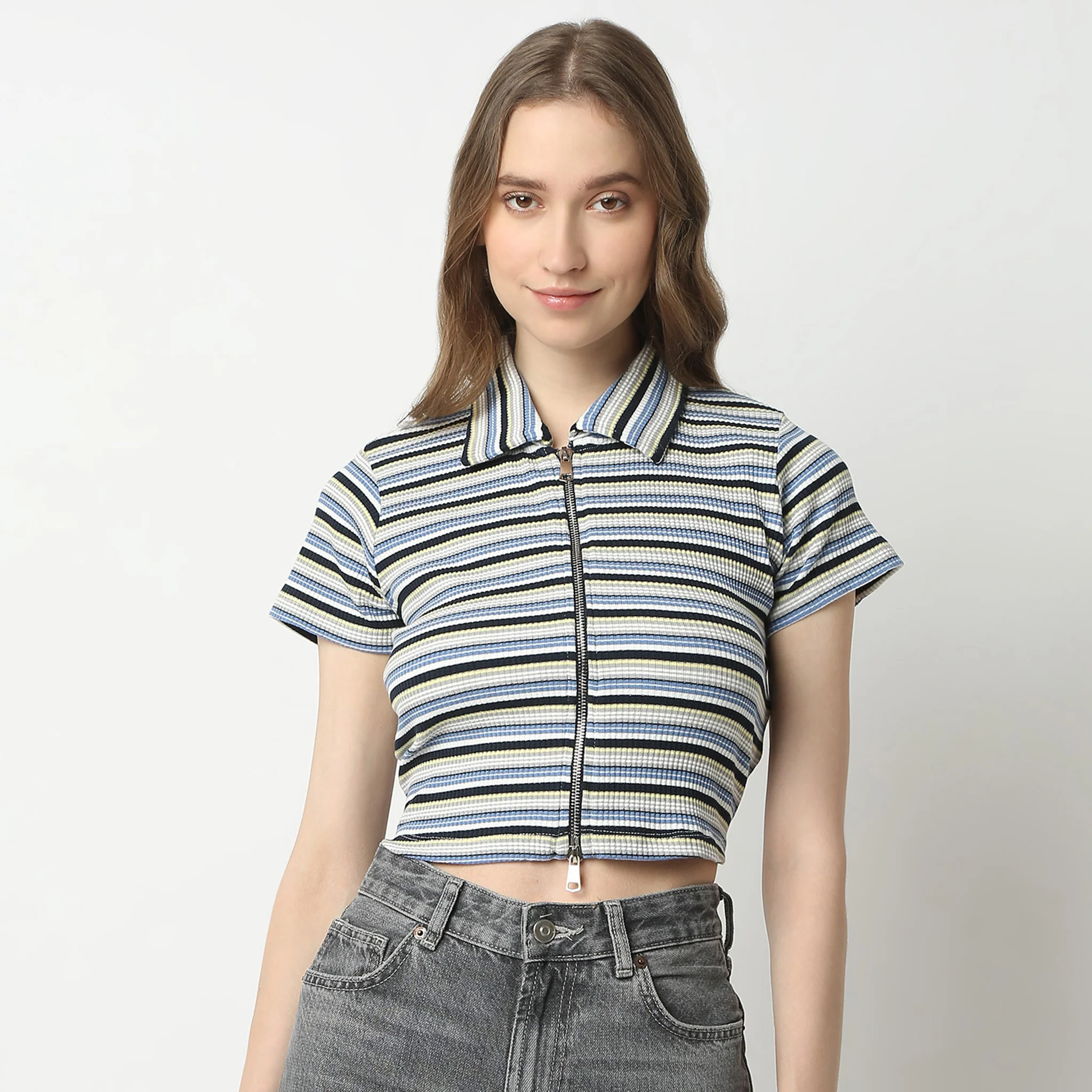 Slim Fit Striped Short Sleeve Polo Neck Crop T-Shirt - Image 2