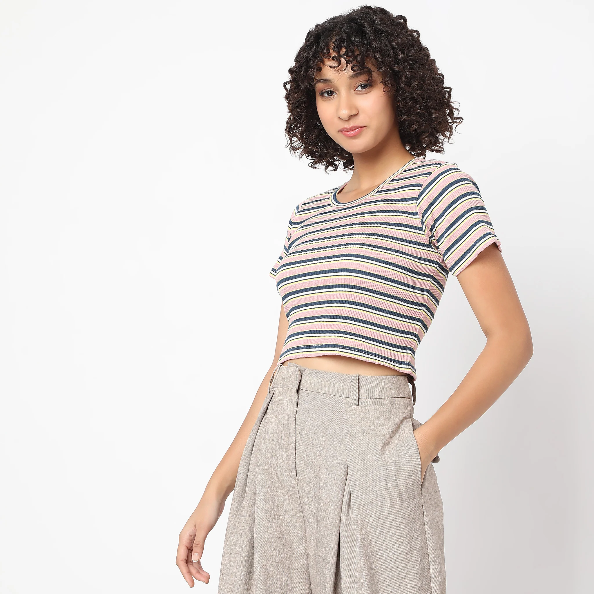Slim Fit Striped Crew Neck Crop T-Shirt - Image 5