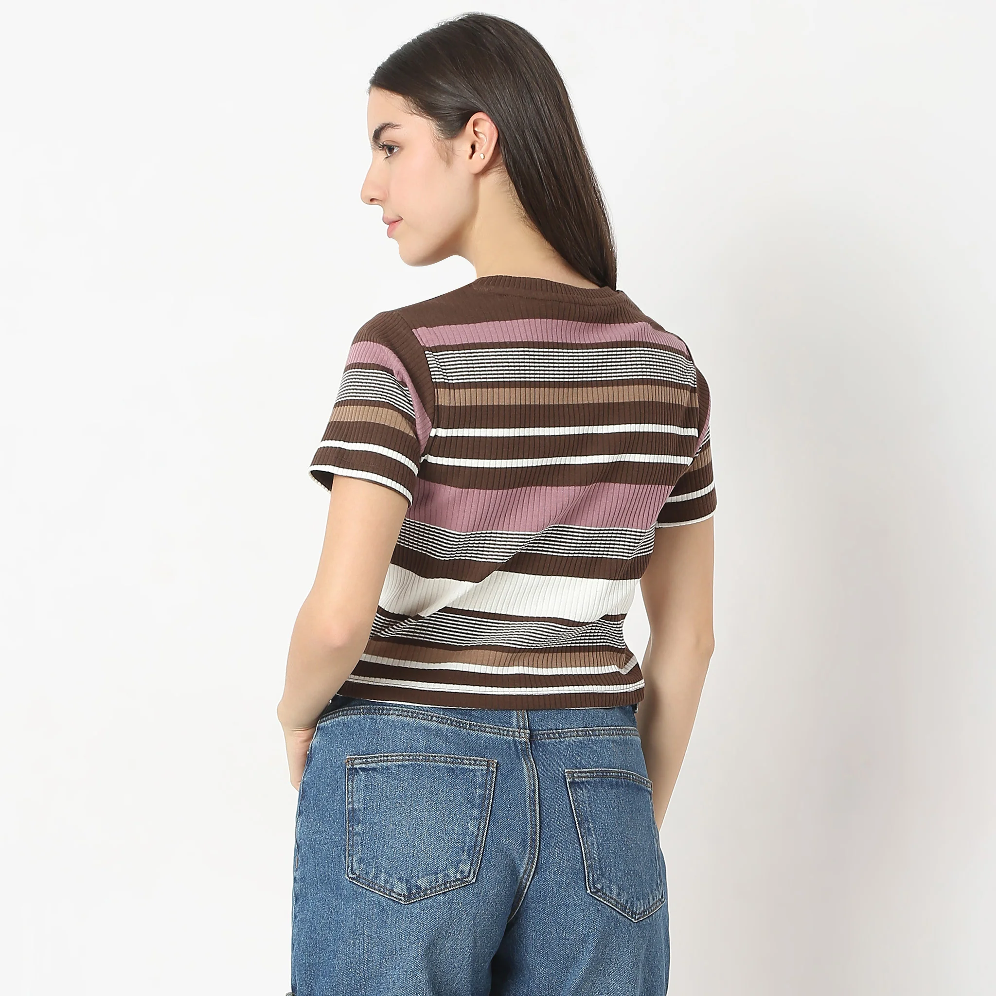 Slim Fit Striped Round Neck Elbow Sleeve Crop T-Shirt - Image 3