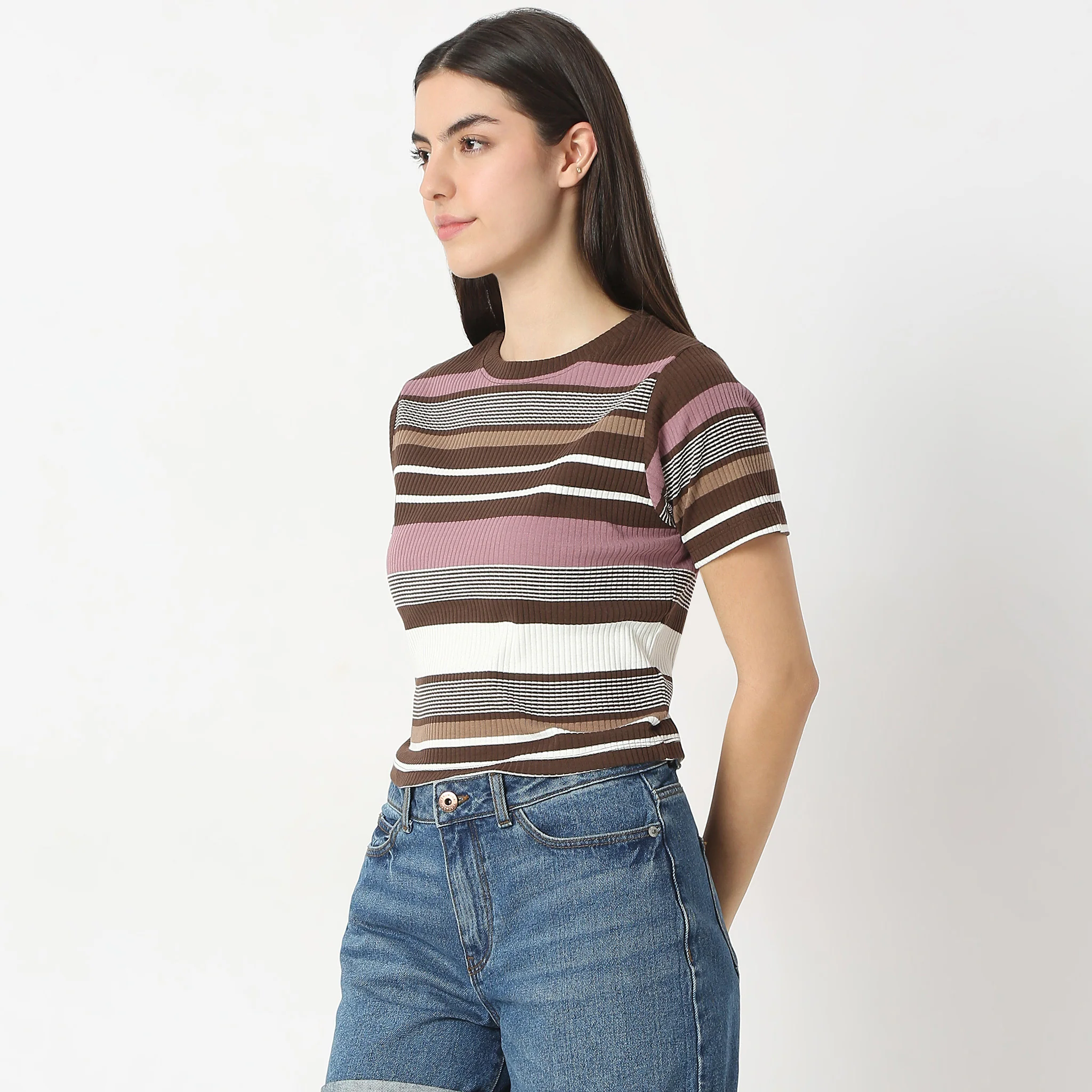 Slim Fit Striped Round Neck Elbow Sleeve Crop T-Shirt - Image 5