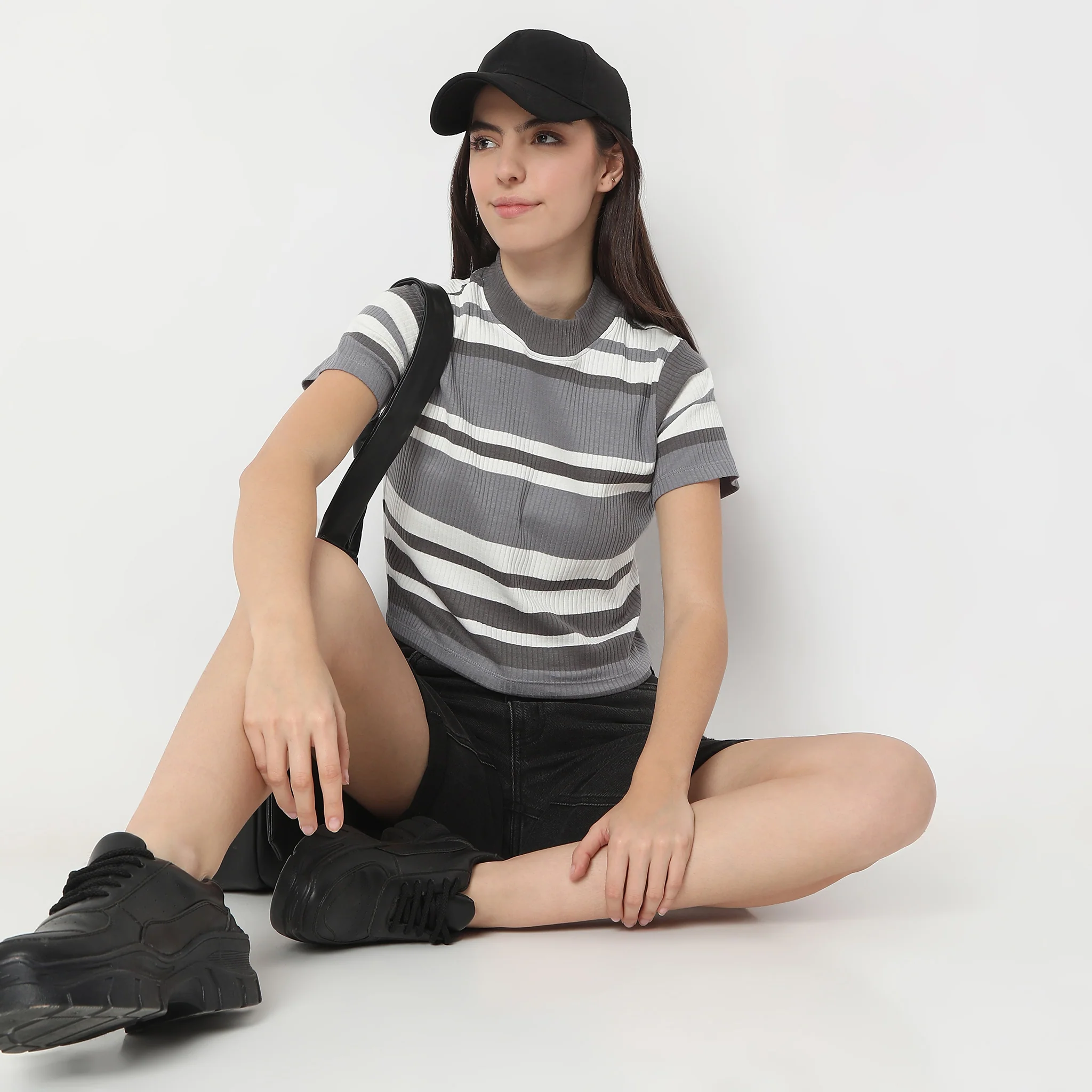 Slim Fit Striped Mock Turtle Neck Short Sleeve Crop T-Shirt