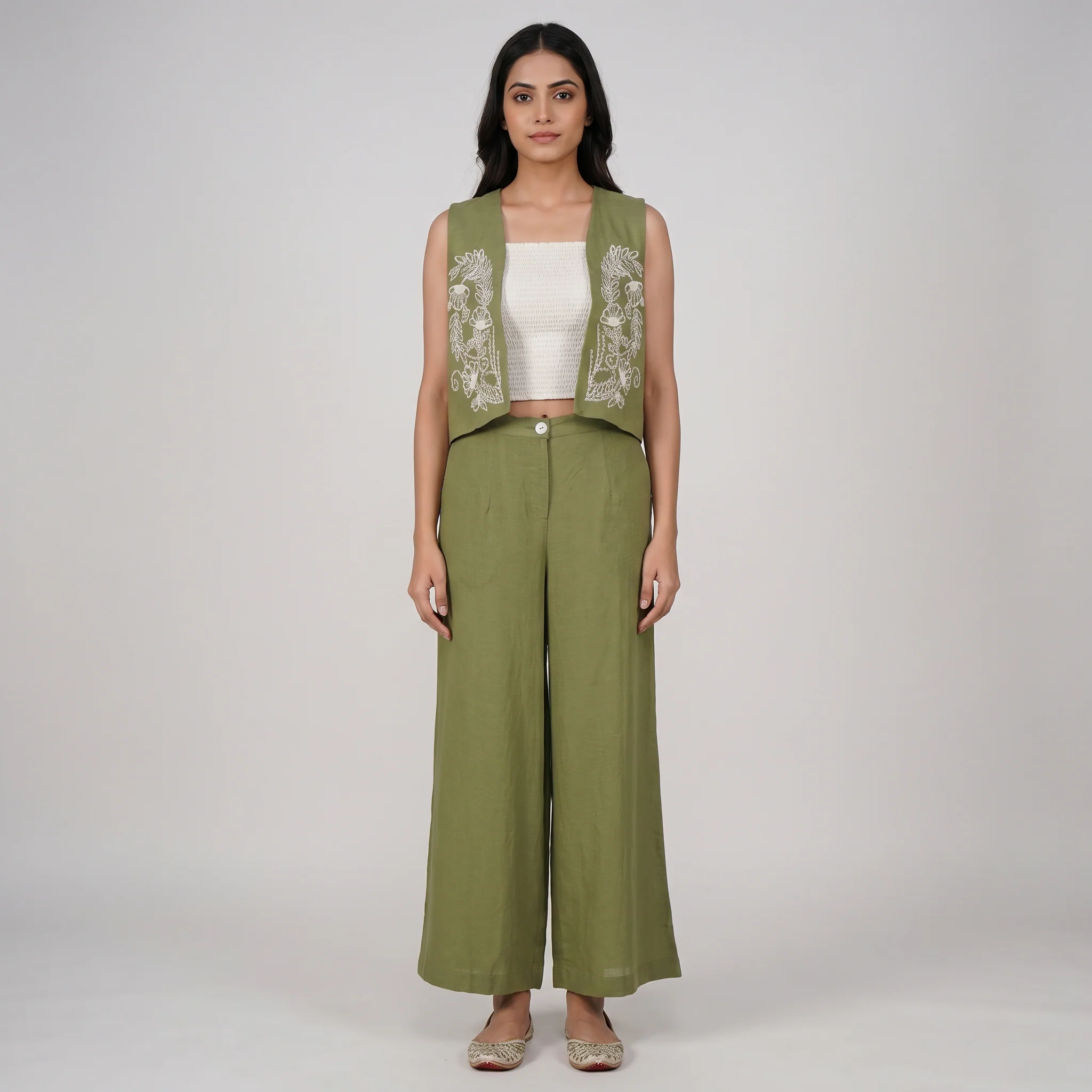 Smocked Crop Top With Shrug and Pant Set