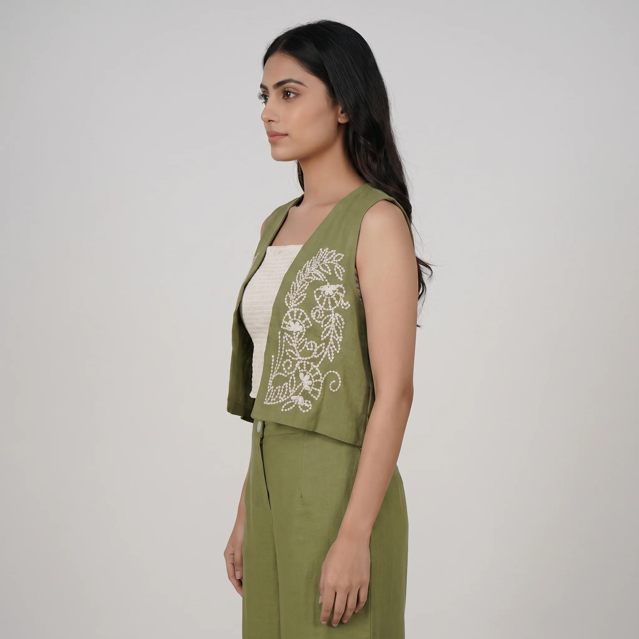 Smocked Crop Top With Shrug and Pant Set - Image 2