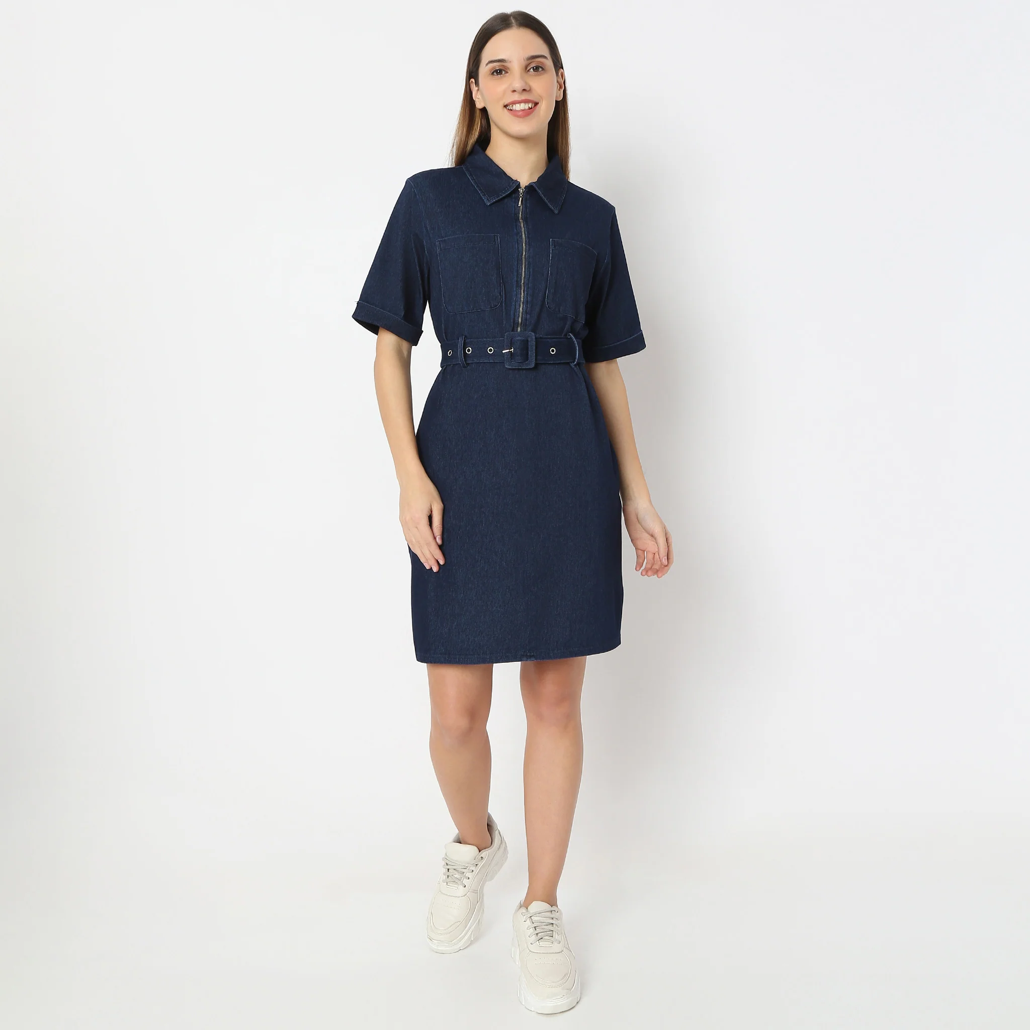 Solid Knee Length Knitted Indigo Pull On Zipper Dress With Belt Look - Image 2