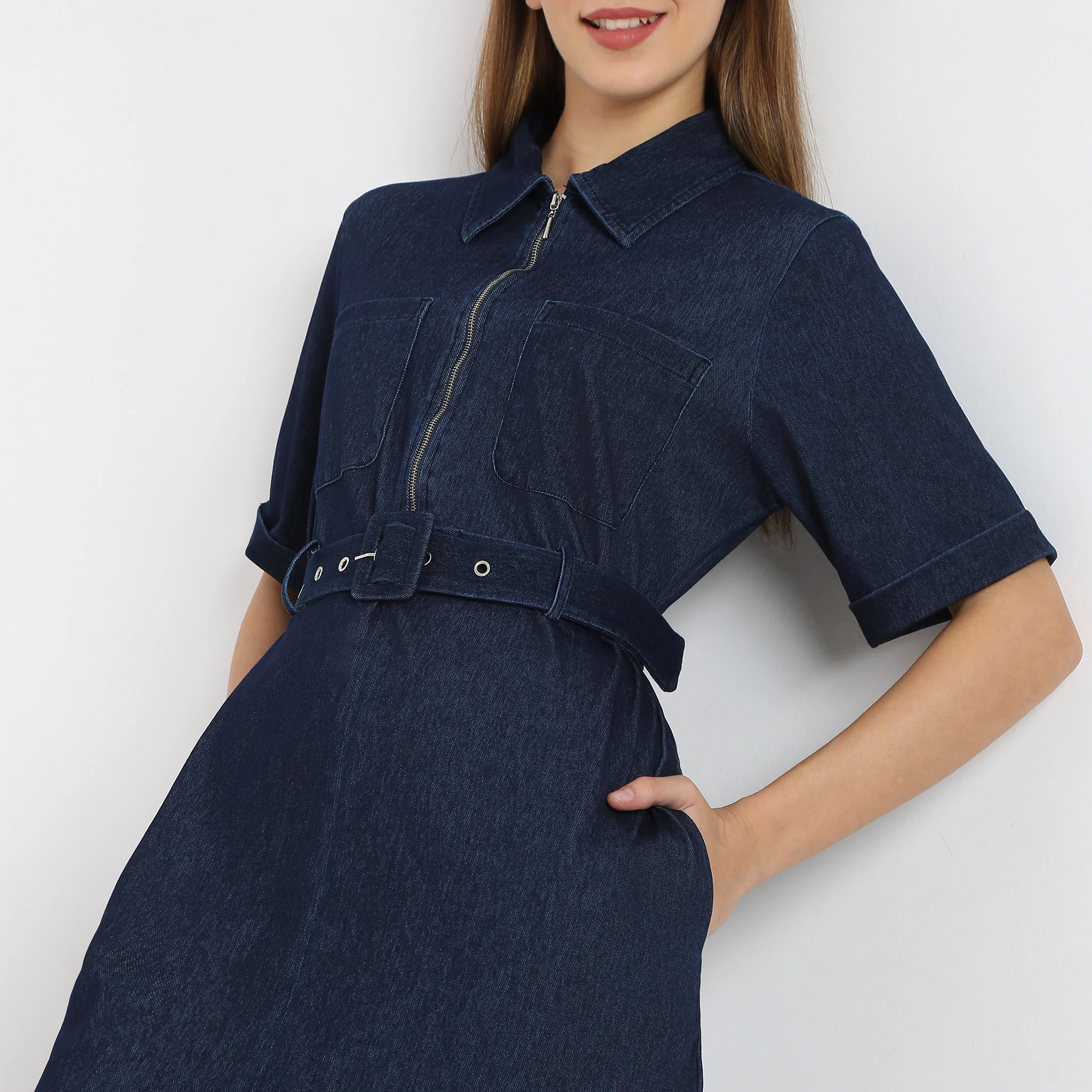 Solid Knee Length Knitted Indigo Pull On Zipper Dress With Belt Look - Image 4
