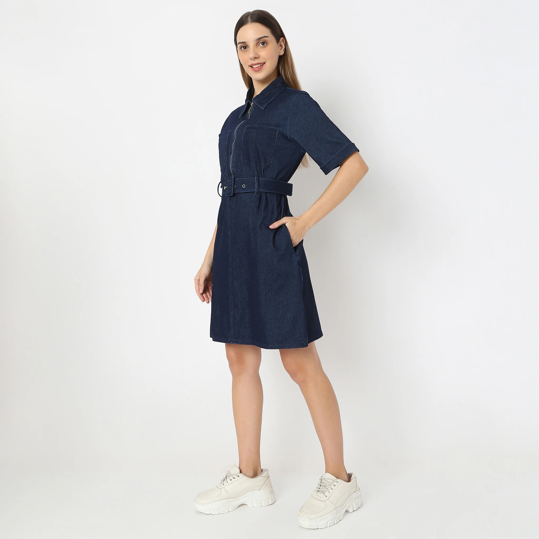 Solid Knee Length Knitted Indigo Pull On Zipper Dress With Belt Look - Image 5