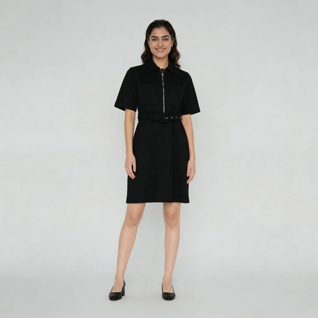 Solid Knee Length Knitted Indigo Pull On Zipper Dress With Belt Look - Image 7
